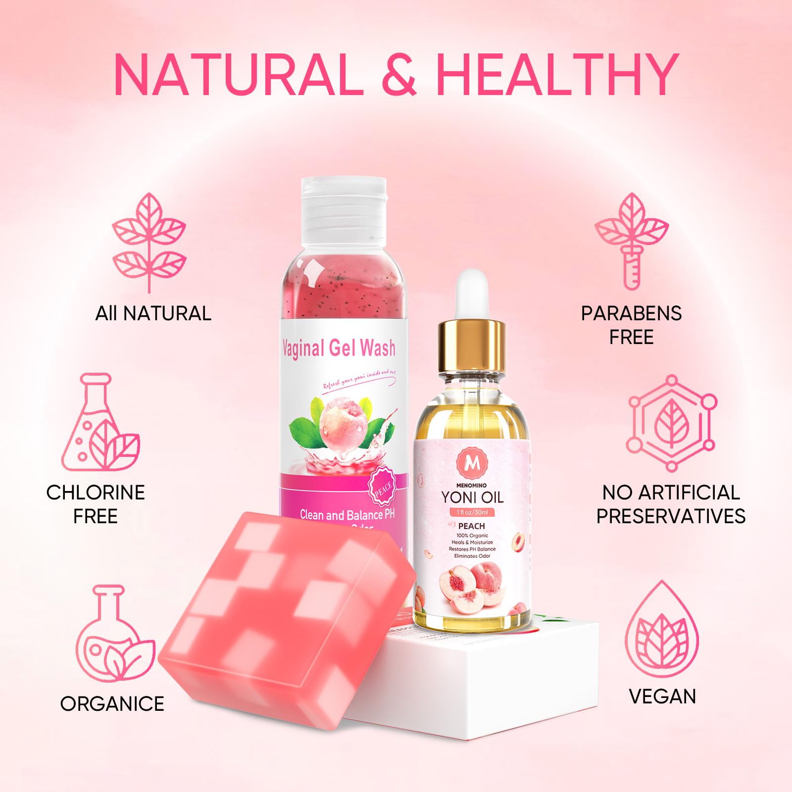 Feminine Wash & Yoni Oil & Yoni Soap Bar Set for Women, 1 Fl.Oz Natural Feminine Oil, Feminine MENOMINO