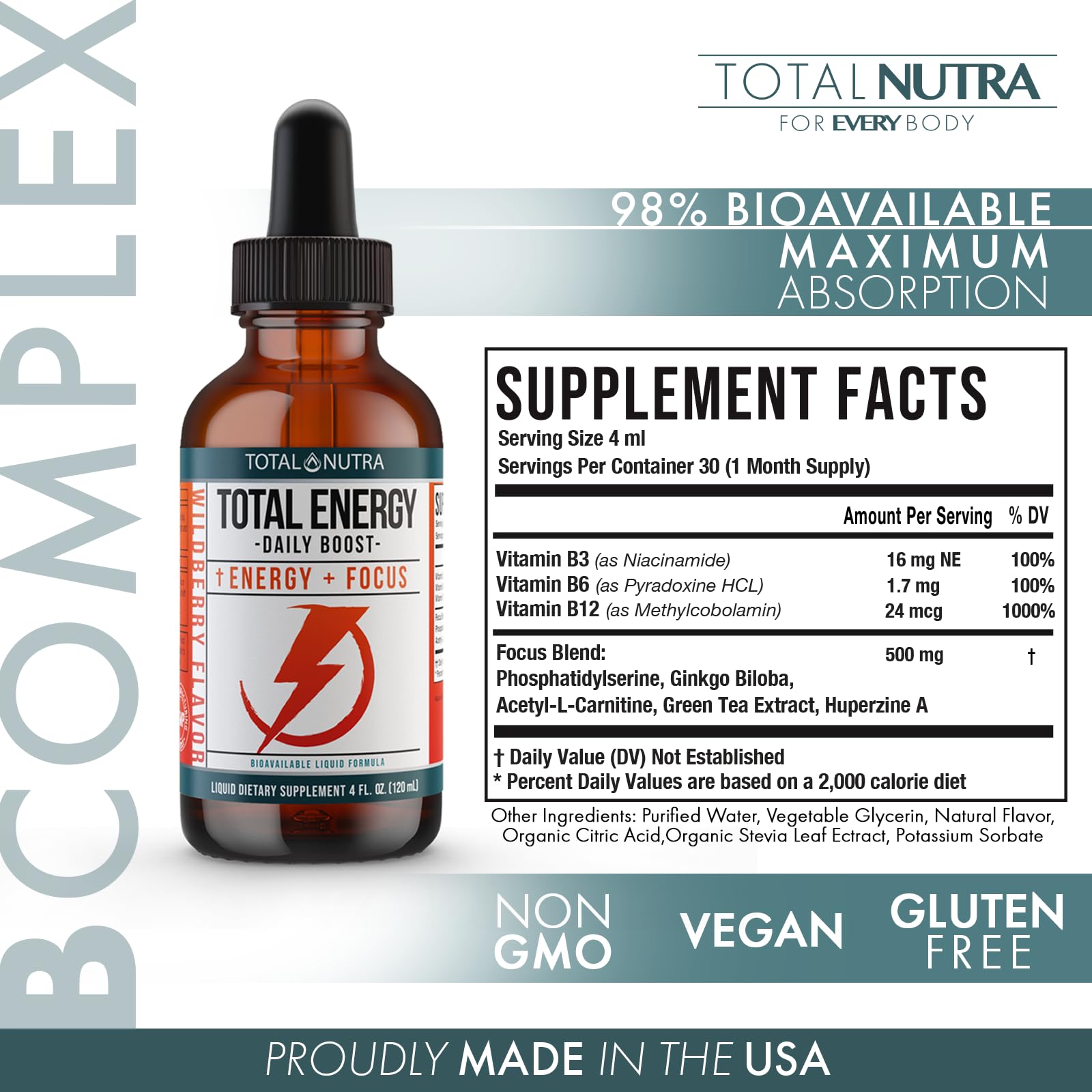 Extra Strength Vitamin B Complex Drops- B Vitamins B12, B6, B3- Vegan and Non GMO Total Nutra
