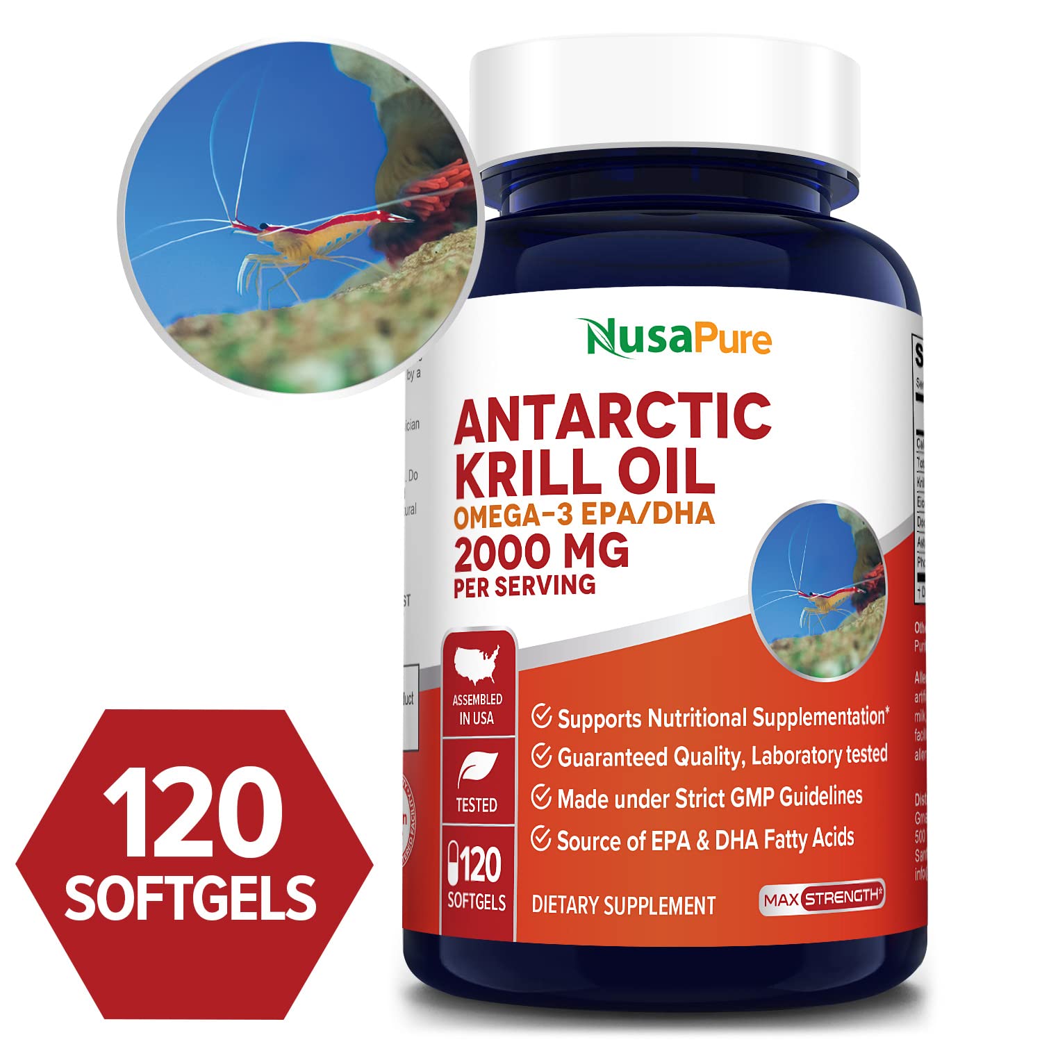 NusaPure Antarctic Krill Oil 2000 mg 120 Softgels, Omega-3 EPA 360mg, DHA 240mg NusaPure