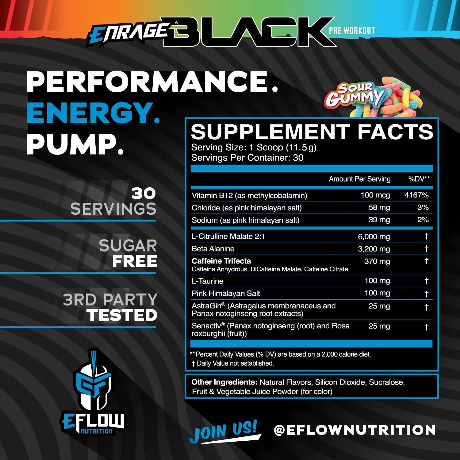 eFlow Nutrition Enrage Black High Stimulant Pre Workout Supplement - Preworkout Powder to Boost Energy, Pumps and Strength - 4 Flavors (30 Servings) (Sour Watermelon)