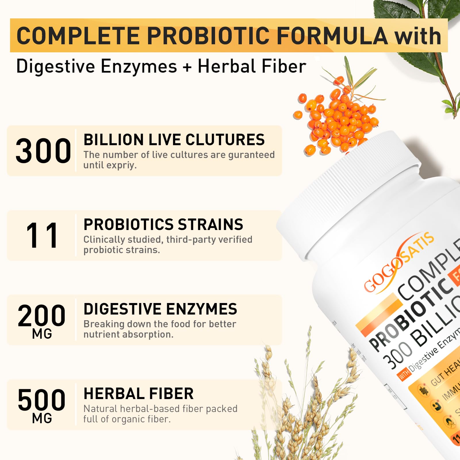 Probiotics for Women & Men, 300 Billion CFU 11 Strains, Probiotic with Organic Herbal GOGOSATIS