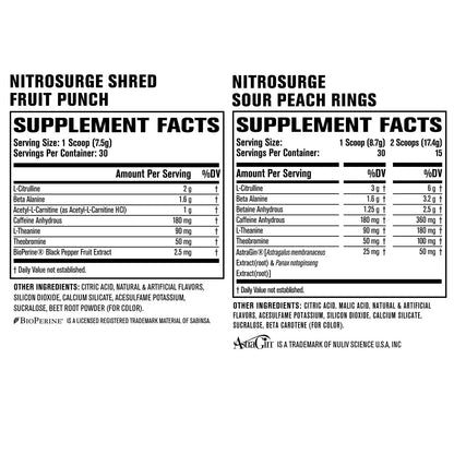Jacked Factory Nitrosurge Pre-Workout in Sour Peach Rings & Fruit Punch Nitrosurge Shred Thermogenic Pre-Workout for Men & Women