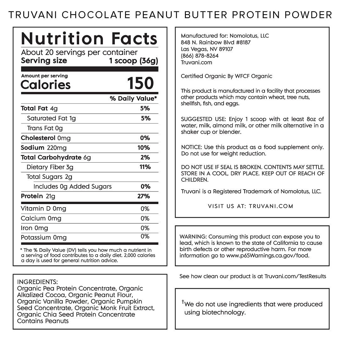 Truvani Vegan Chocolate Peanut Butter Protein Powder - 20g Plant-Based Protein, Gluten Truvani
