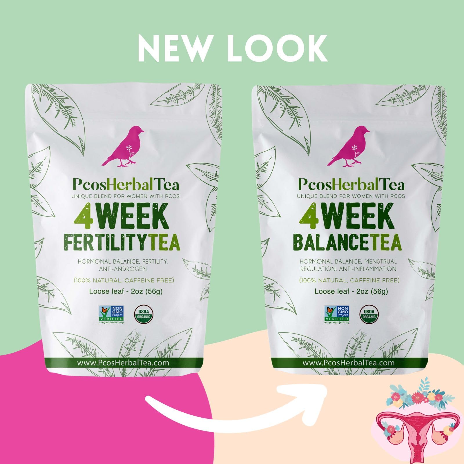 PCOS Cystem Tea with Organic Red Raspberry Leaf, Vitex, Spearmint Tea Supports Fertility PCOS Herbal Tea