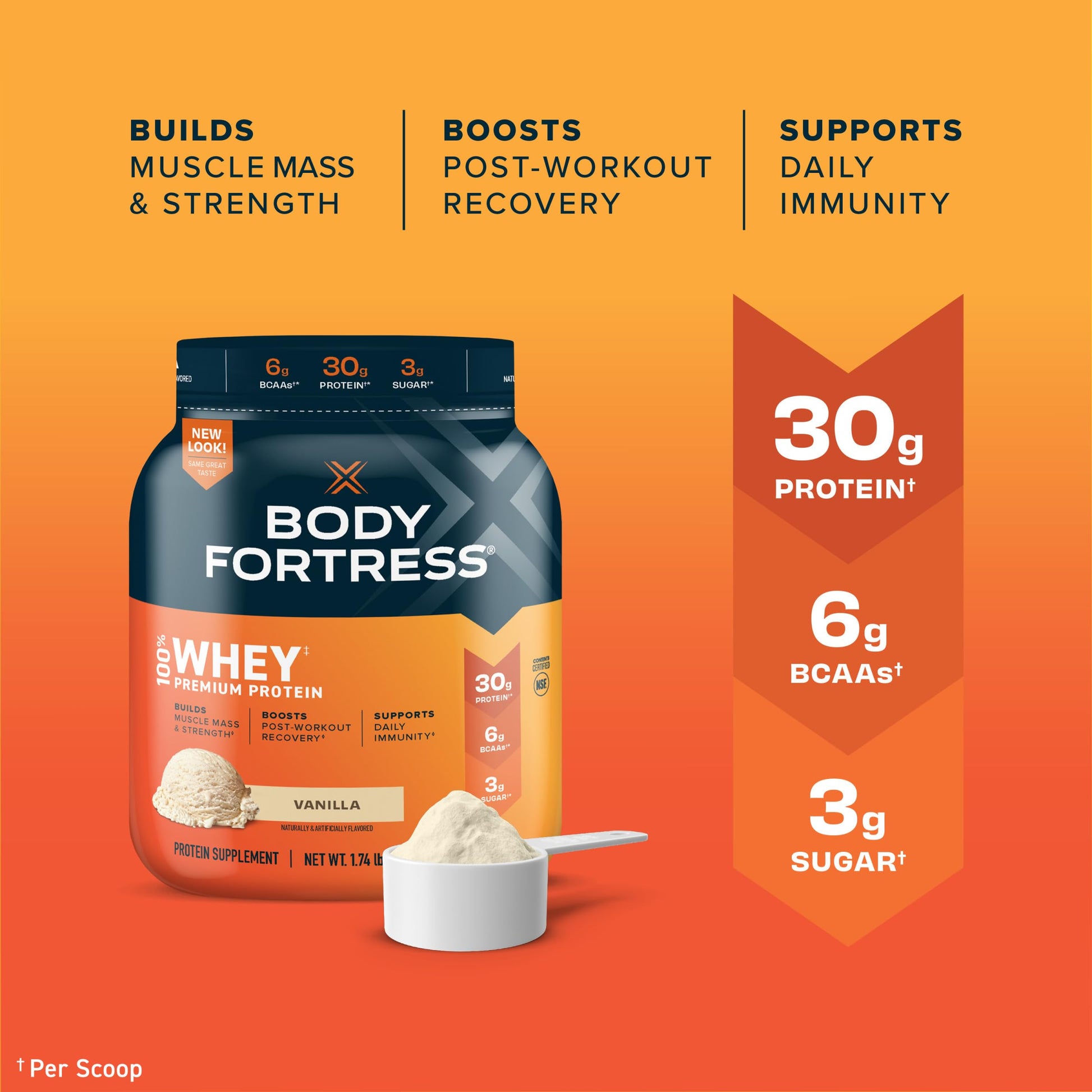 Body Fortress 100% Whey, Premium Protein Powder, Vanilla, 1.74lbs (Packaging May Vary) Body Fortress