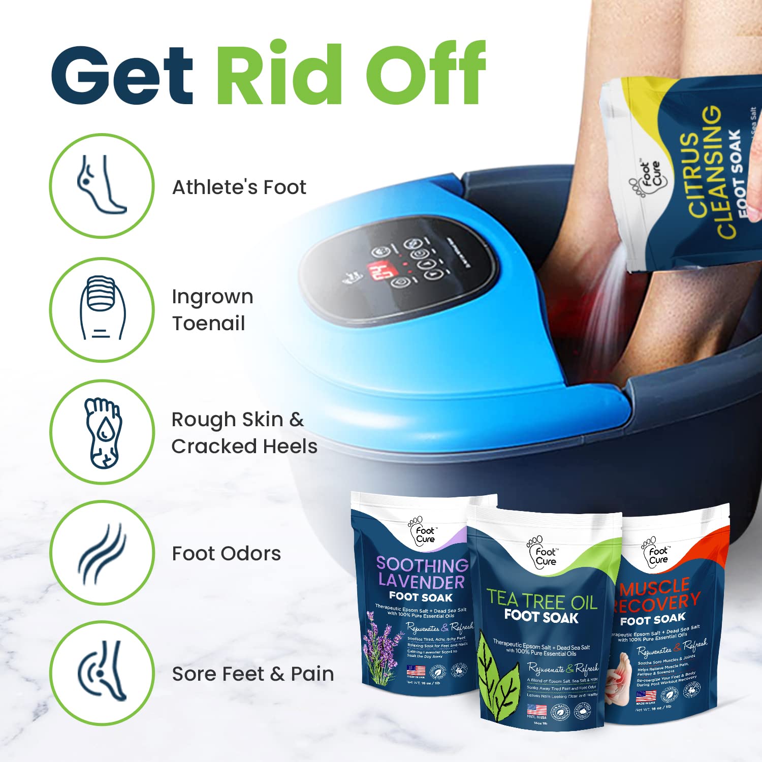 Foot Soak with Epsom Salts- Variety Pack of 4- Tea Tree Oil, Muscle Relief, Calming FOOT CURE