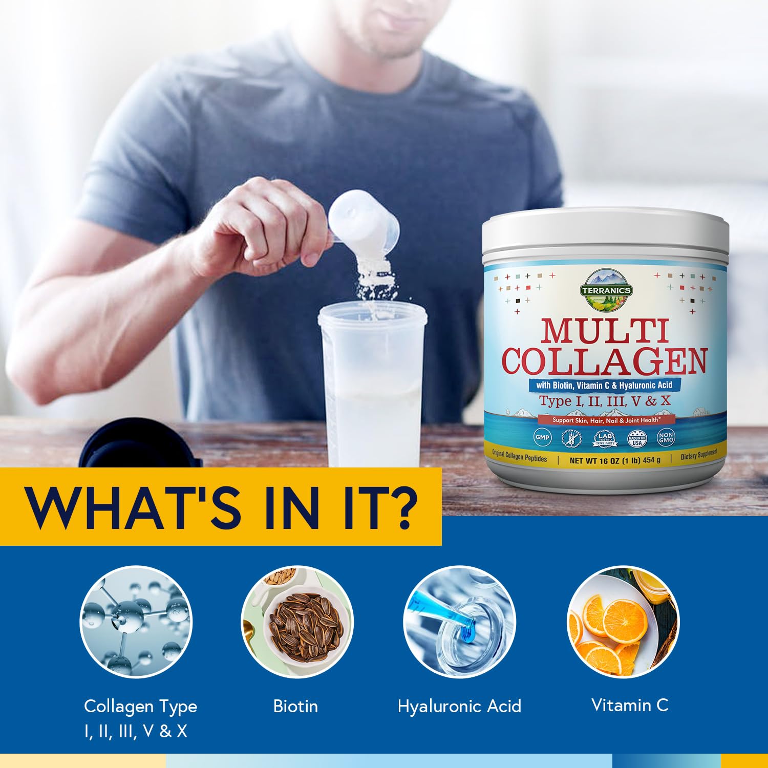 Terranics Multi Collagen Powder Type I II II V X with Biotin VC Hyaluronic Acid, Paleo Terranics