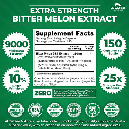 Zazzee Extra Strength Bitter Melon 25:1 Extract, 9000 mg Strength, 10% Bitter Principles