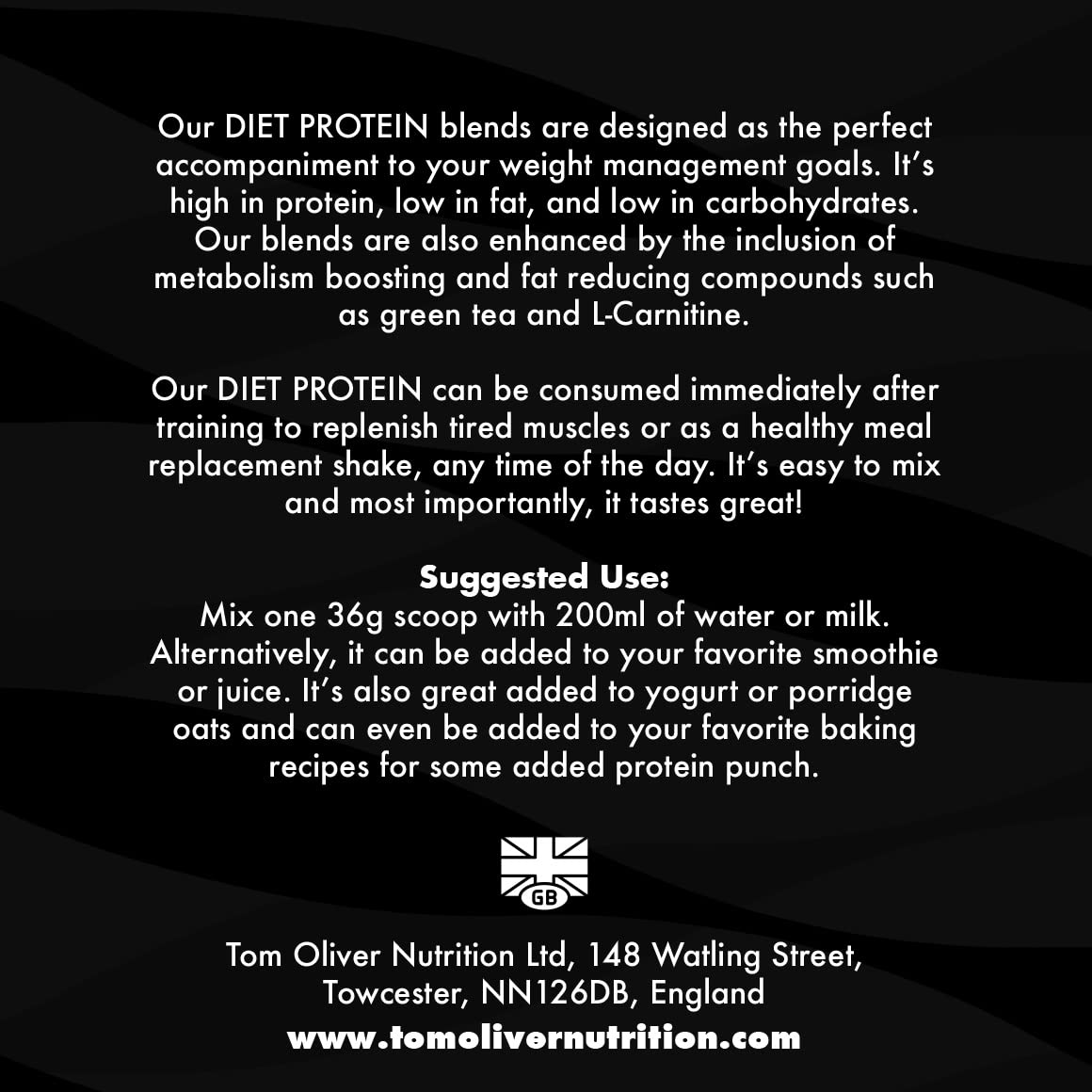 Tom Oliver Nutrition The Diet Protein - Diet Whey Protein Powder 907g - Weight Control Shake for Men & Women