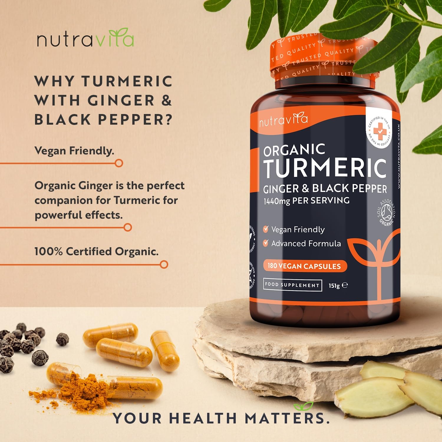 Organic Turmeric 1440mg (High Strength) with Black Pepper & Ginger - 180 Vegan Turmeric Nutravita