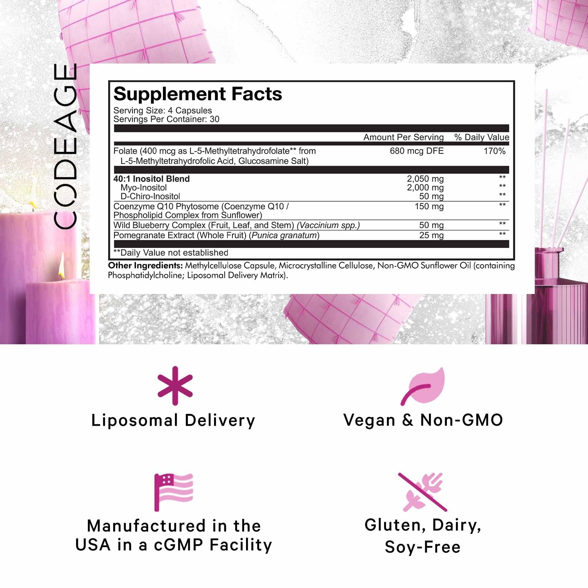 Codeage Liposomal Ovarian Inositol + Supplement - Myo-Inositol, D-Chiro-Inositol Codeage