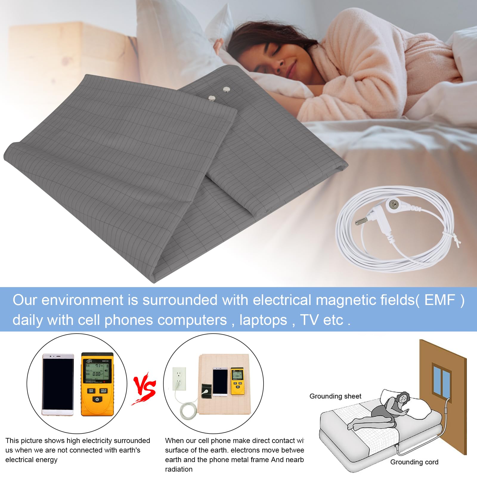 Grounding Mat for Bed, Grounding Sheets Blanket with Grounding Cord, Earthing Mat Grounding Pad Reaeng