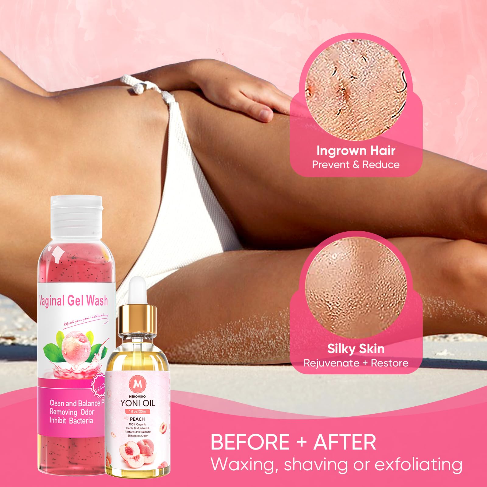 Feminine Wash & Yoni Oil & Yoni Soap Bar Set for Women, 1 Fl.Oz Natural Feminine Oil, Feminine MENOMINO