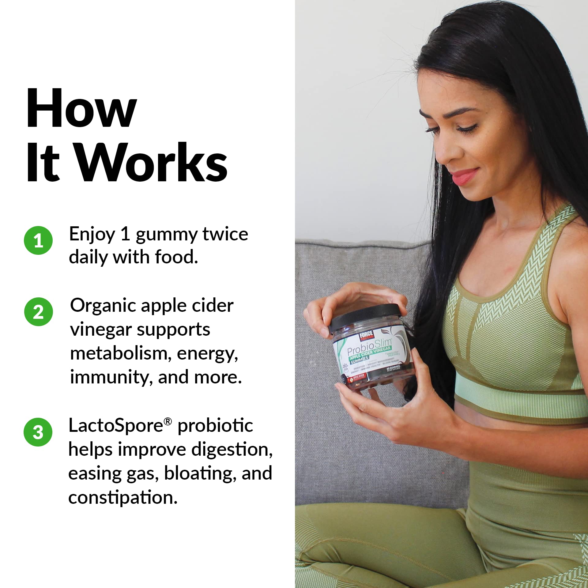 FORCE FACTOR ProbioSlim Apple Cider Vinegar Gummies Organic LactoSpore Prebiotics Force Factor