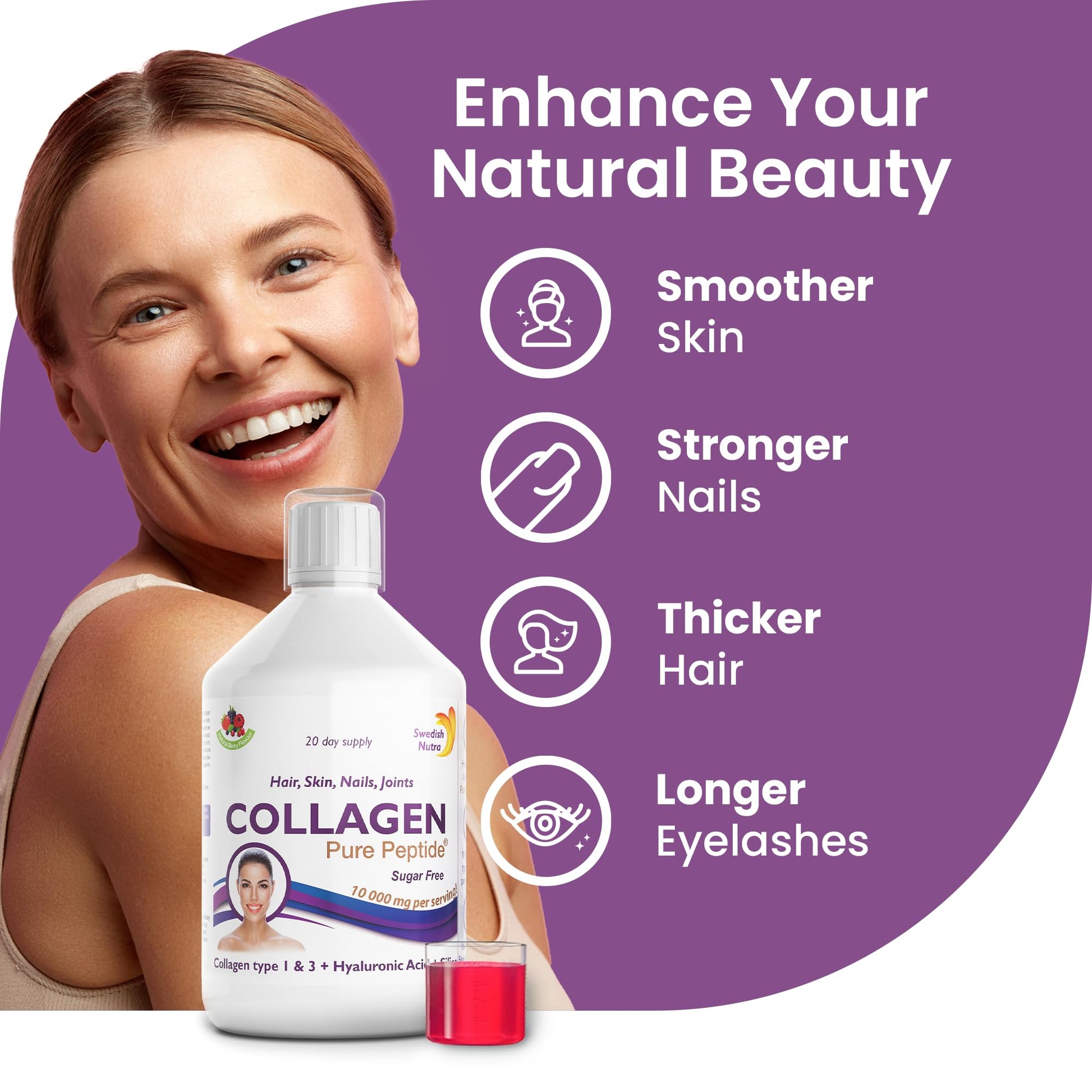 Swedish Nutra Liquid Bovine Collagen - Pack of 500ml, 20 Day Supply | Sugar Free Berry Flavour Swedish Nutra