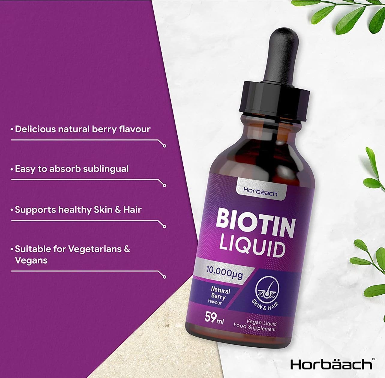 Biotin Liquid Drops for Hair & Skin Support | 10000 mcg Supplement | 59 ml Vitamin B7 Horbäach