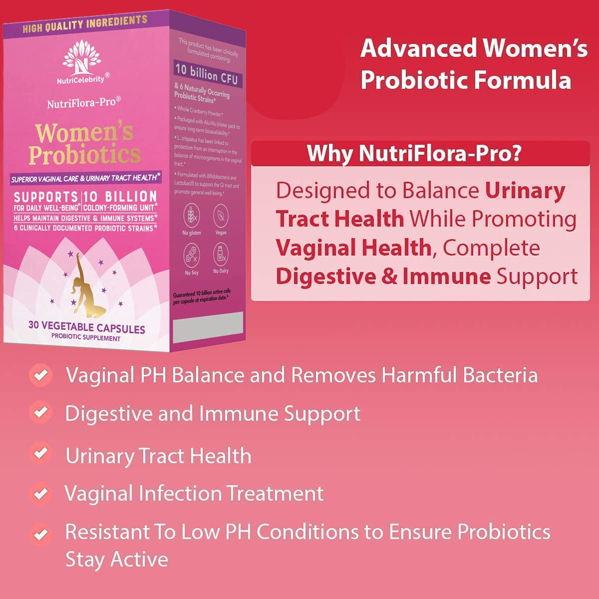 NutriCelebrity NutriFlora-Pro Probiotics for Women, Vaginal, Urinary Health, Immune System Digestive Nutricelebrity