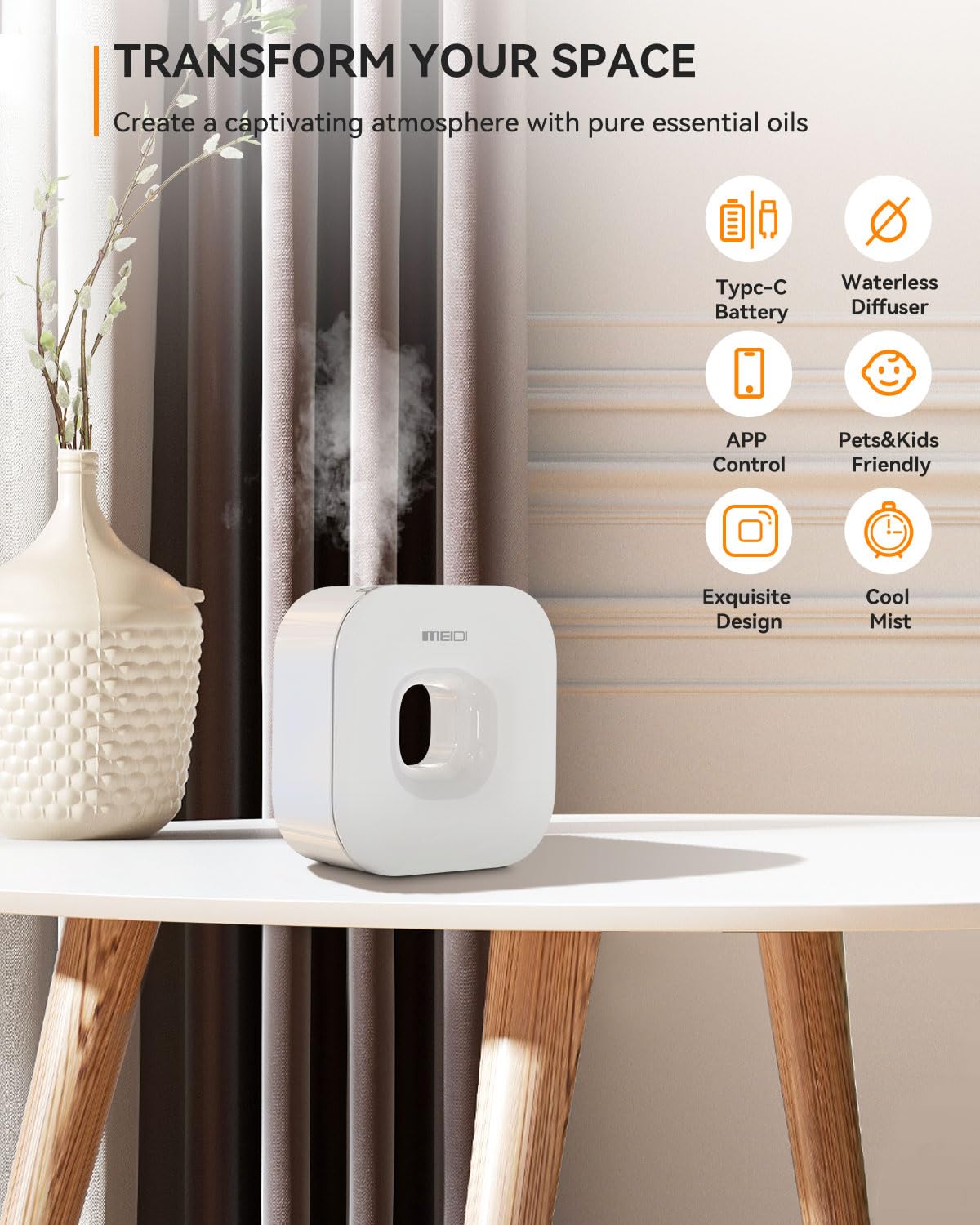 MEIDI Waterless Essential Oil Diffuser - Bluetooth Cordless Aromatherapy Diffuser with App Control MEIDI