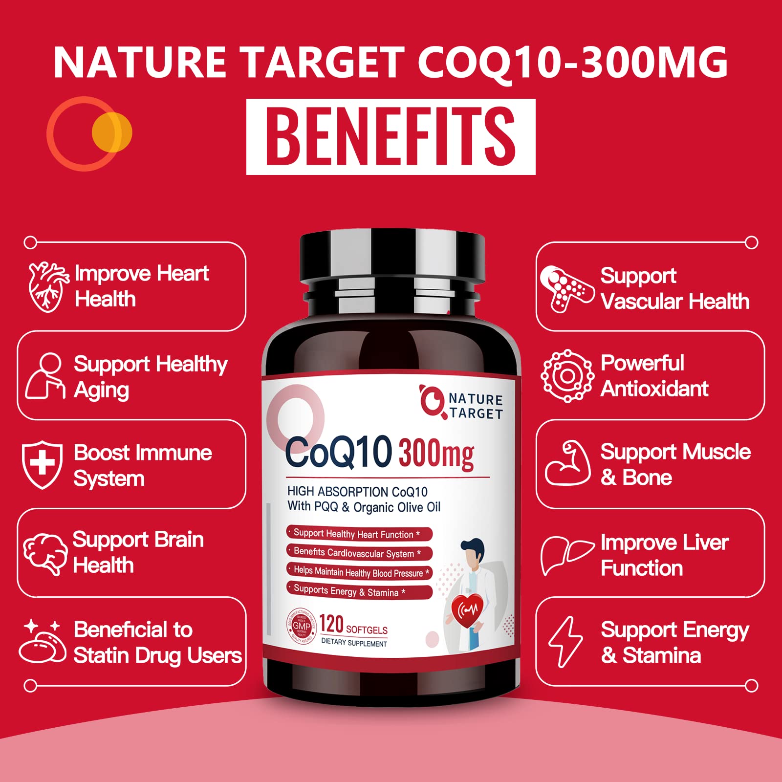 NATURE TARGET CoQ10-300mg-Softgels + PQQ with Organic-Olive-Oil - High Absorption NATURE TARGET