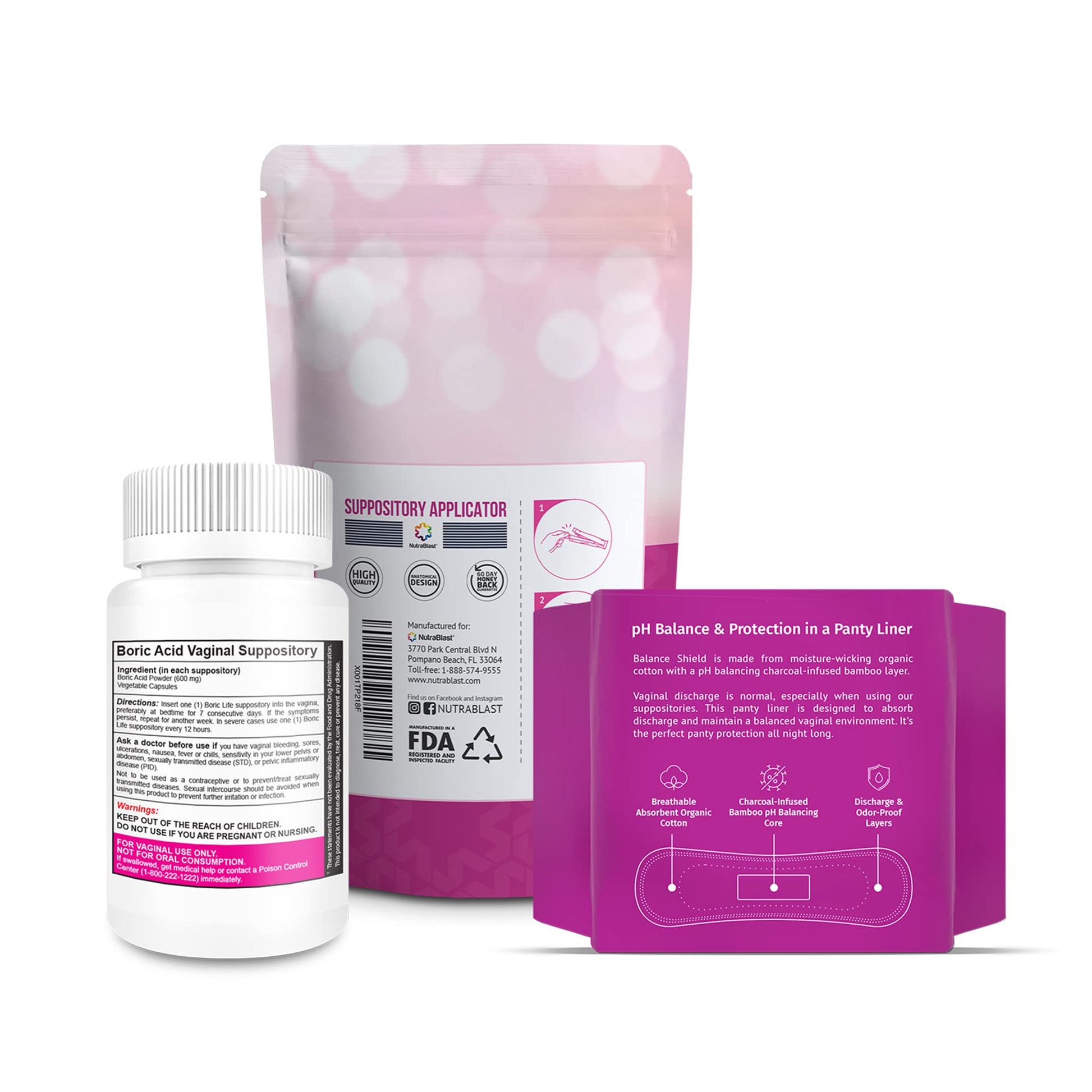 NutraBlast Boric Acid Vaginal Suppositories 600mg (30 Count) w/Disposable Vaginal Applicators NutraBlast