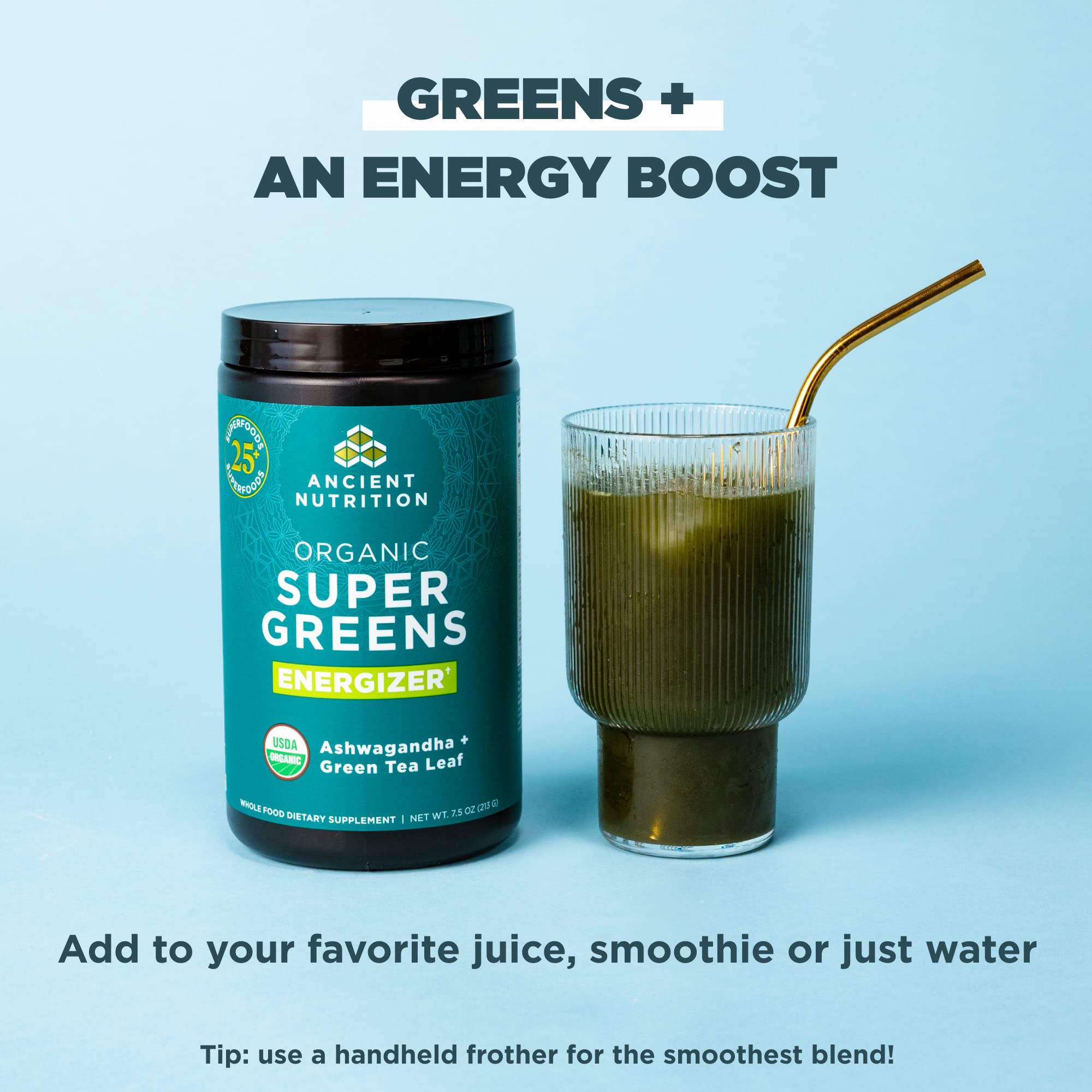 Ancient Nutrition Supergreens Energizer Powder, Organic Superfood Powder with Caffeine Ancient Nutrition