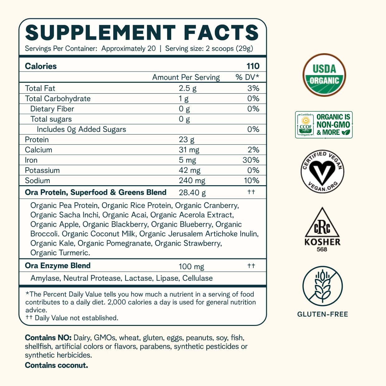 Ora Organic Vegan Protein Powder - 23g Plant Based Pea Protein Unflavored Ora Organic