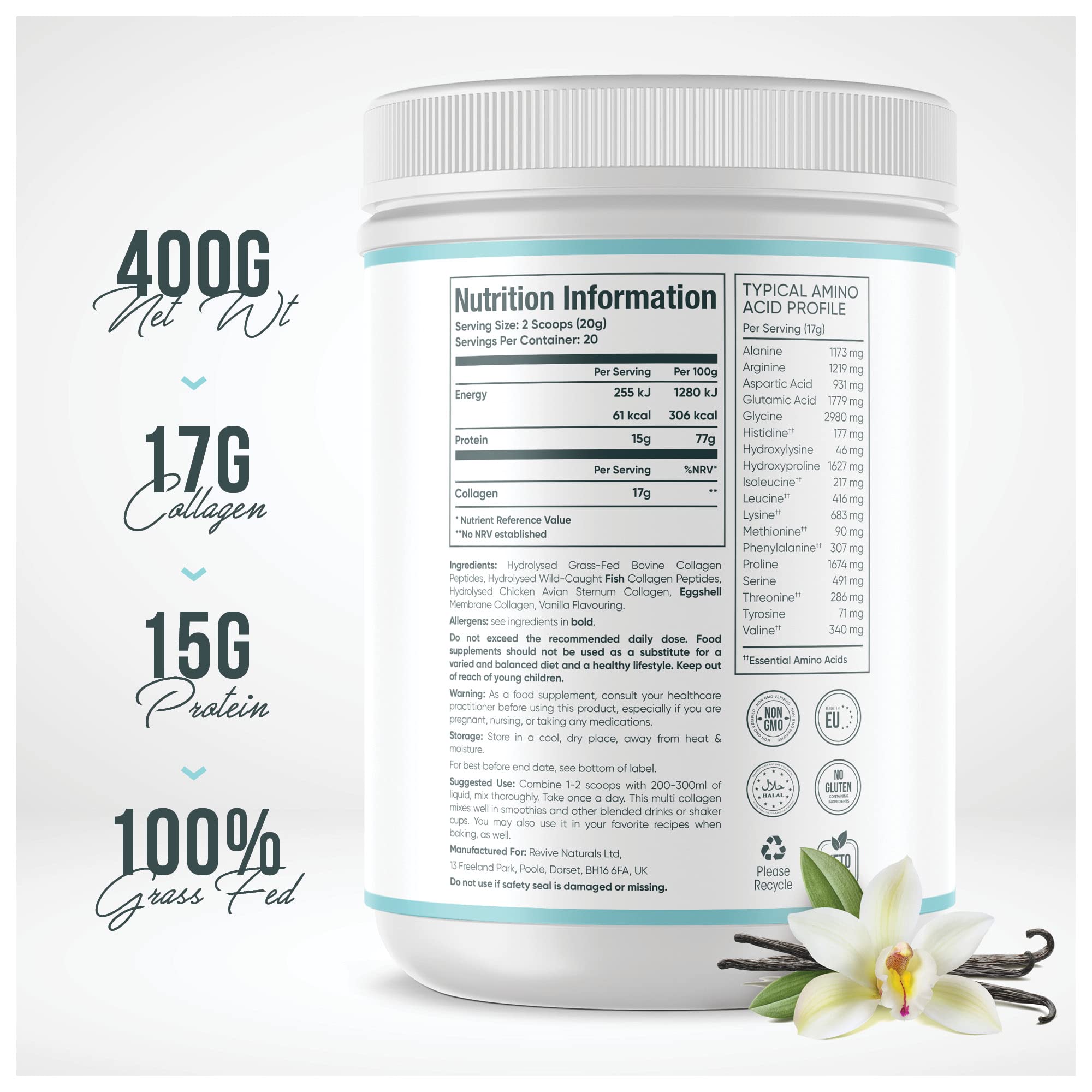 Vanilla Multi Collagen Protein Powder - 400g - Unsweetened - 5 Types of Collagen Peptides Revive Naturals