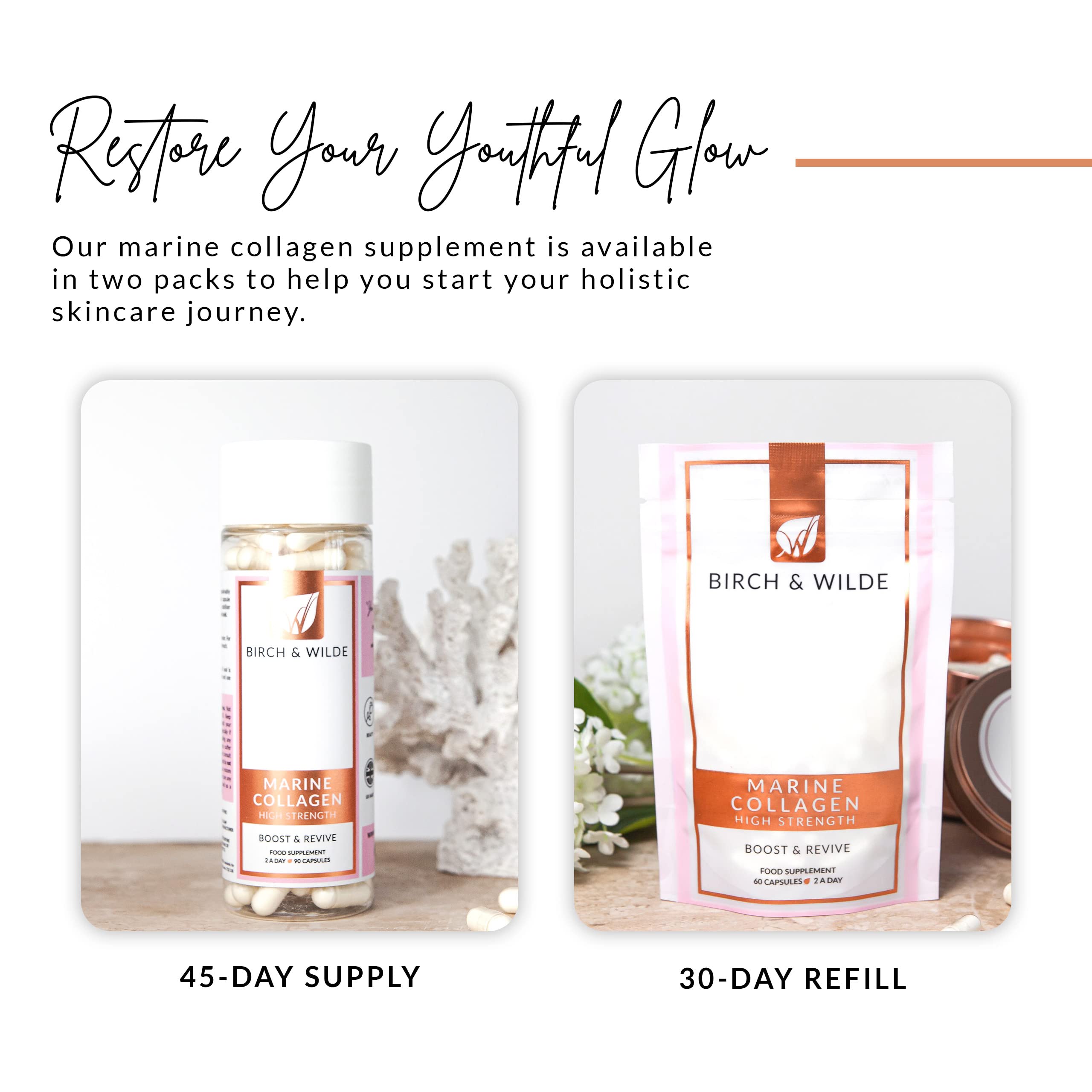 Marine Collagen Peptides Capsules - Hydrolyzed Collagen Supplements for Women & Men BIRCH & WILDE