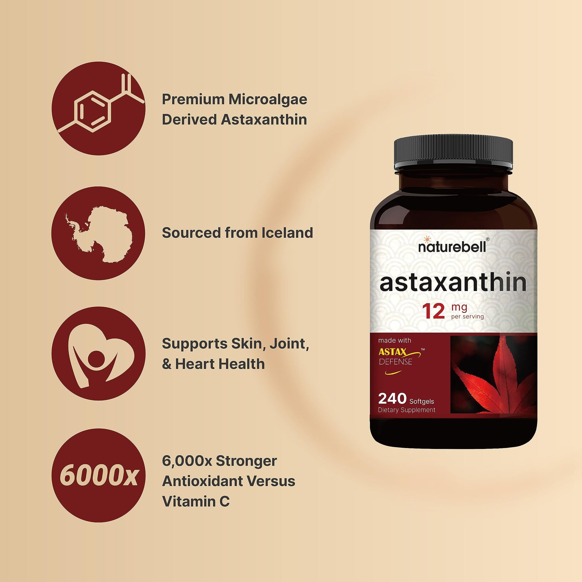 NatureBell Astaxanthin 12mg, 240 Softgels, Made with Astax, Max Strength NatureBell