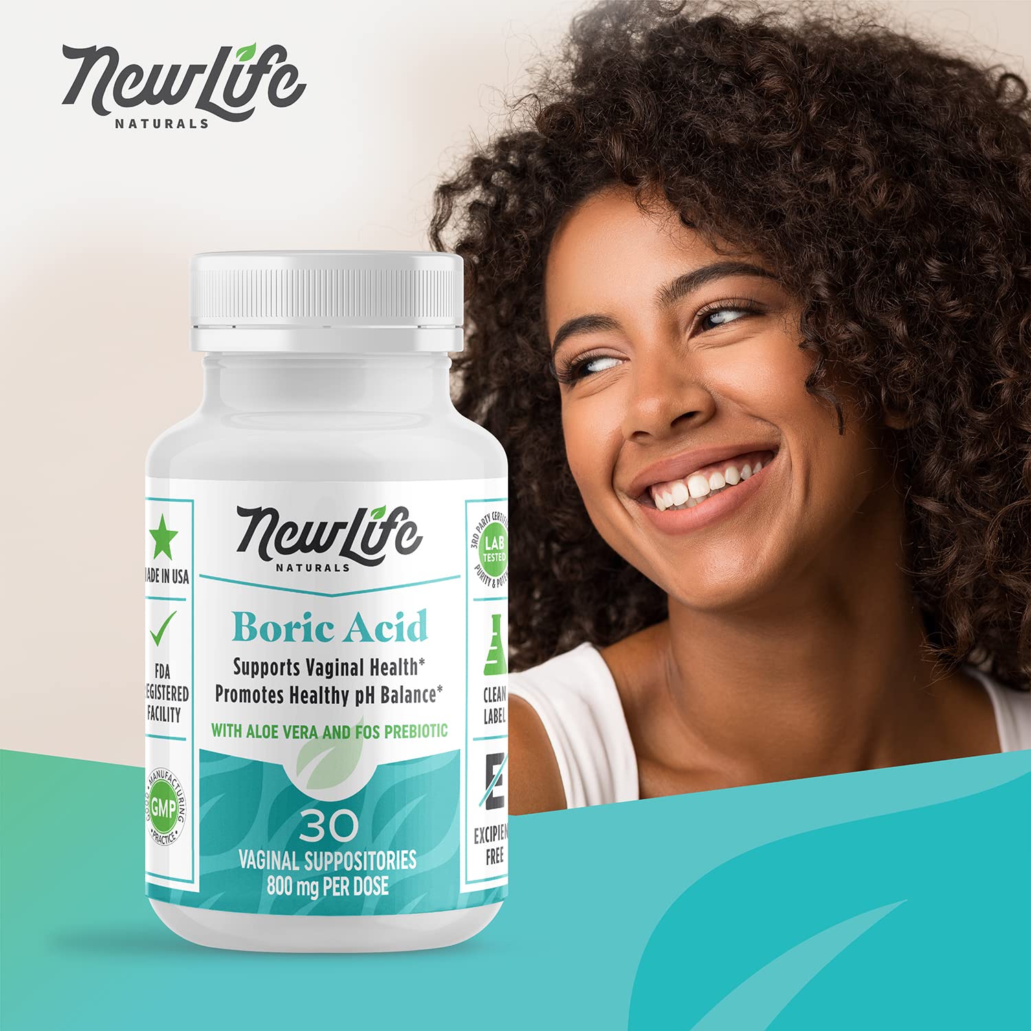 NewLife Naturals Boric Acid Vaginal Suppositories with Aloe Vera & FOS Prebiotic | Women's pH Balance Pills NewLife Naturals