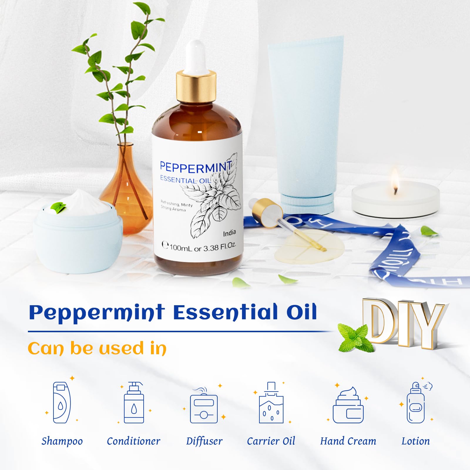 HIQILI Peppermint Essential Oil, 100% Pure Natural for Diffuser, Hair, Massage, Add to Spray HIQILI