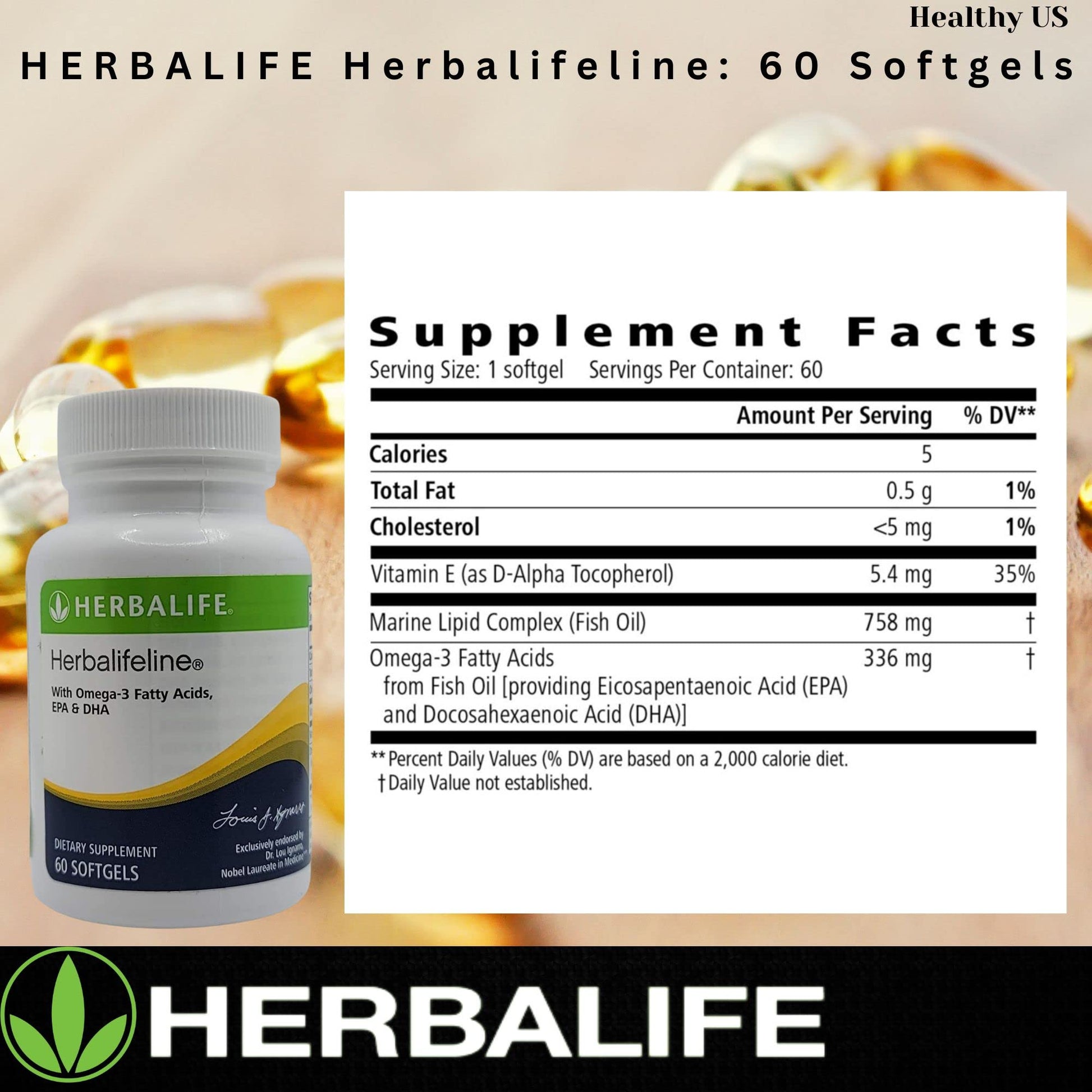 Herbalife Herbalifeline: 60 Softgels with Vitamin E, Marine Lipid Complex, Omega-3 Fatty Herbalife