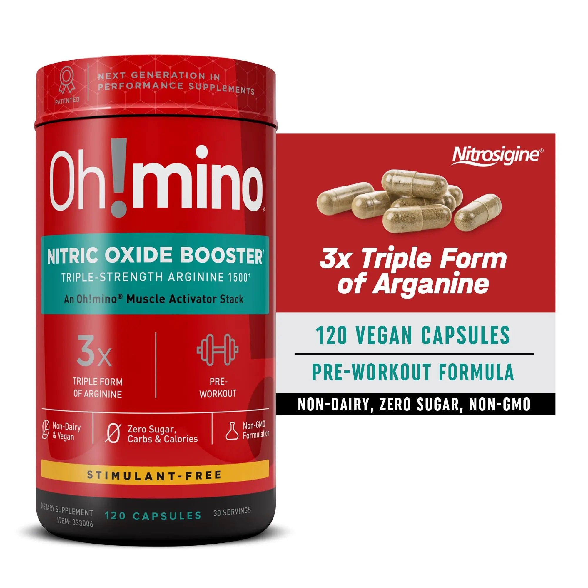 Oh!mino Nitric Oxide Supplement Activator Booster, Triple Strength L-Arginine for Energy, Endurance, Muscle Growth Builder, Pre Post Workout Pills - Natural Beet Root Powder, 30 Servings 120 Capsules