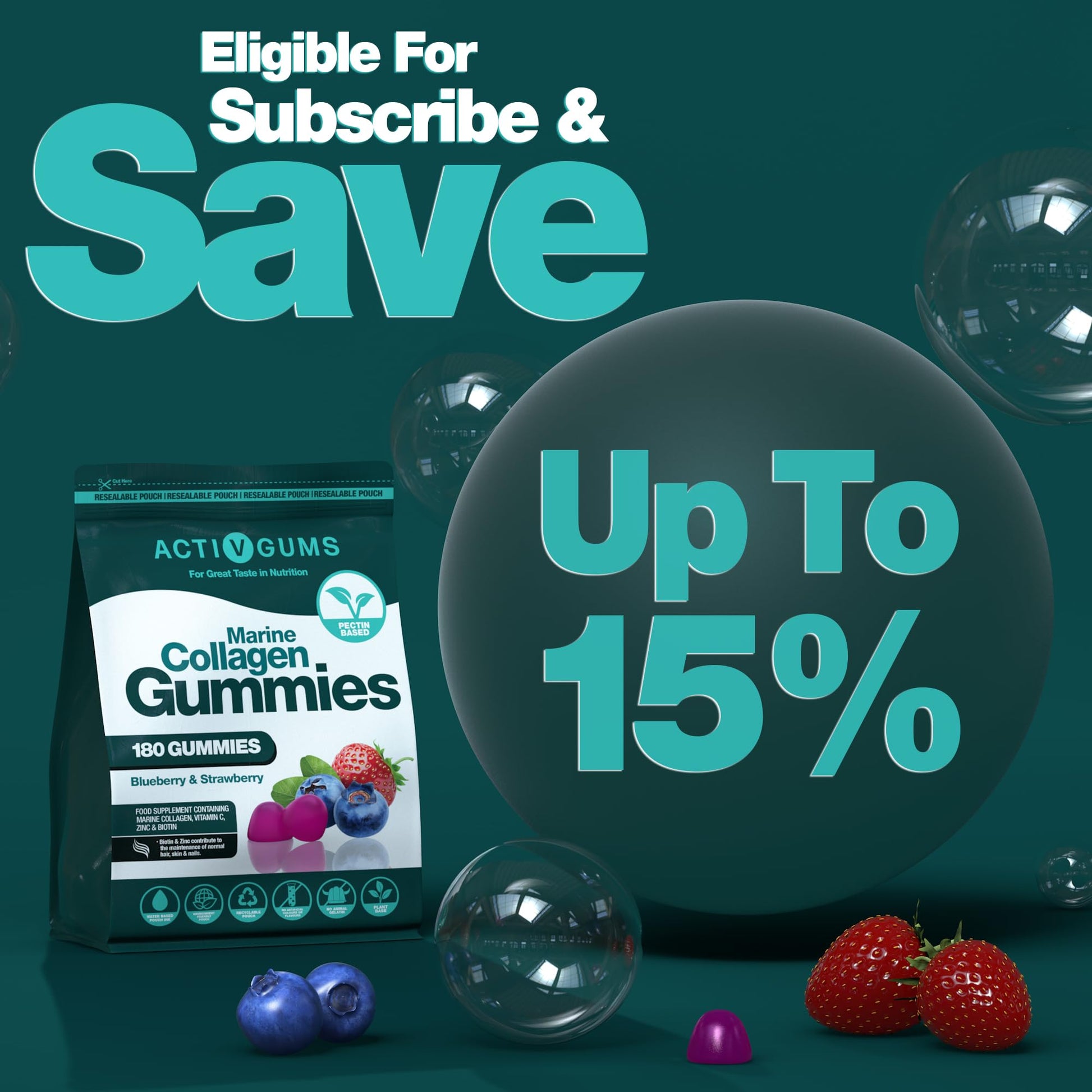 Marine Collagen Complex 180 Gummies. Strawberry & Blueberry Flavour. Resealable & Recyclable Pouch. Contains Marine Collagen, Vitamin C Activ Gums