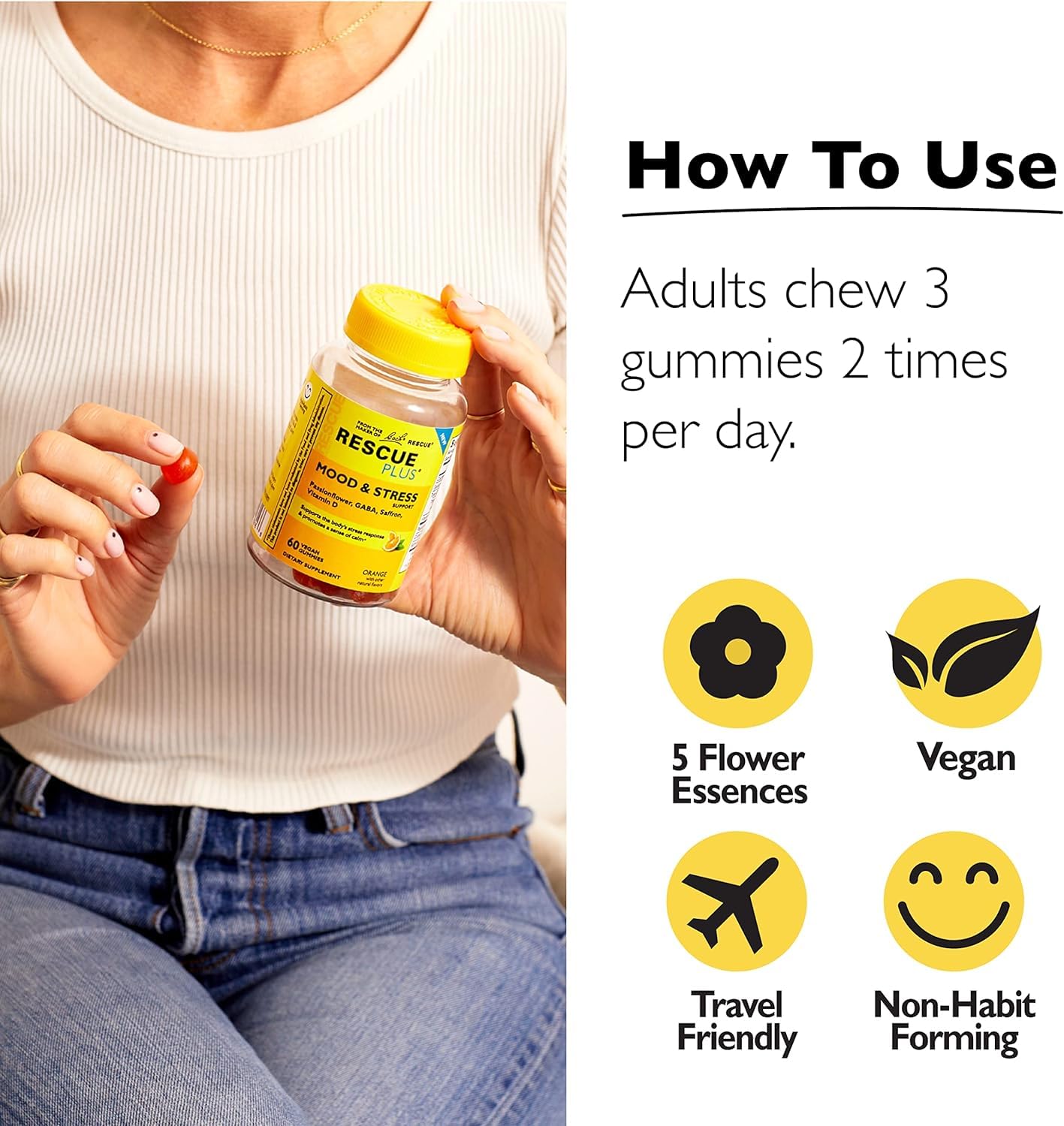 RESCUE Bach Plus Mood & Stress Support Gummies, Daytime Dietary Supplement with Passionflower RESCUE