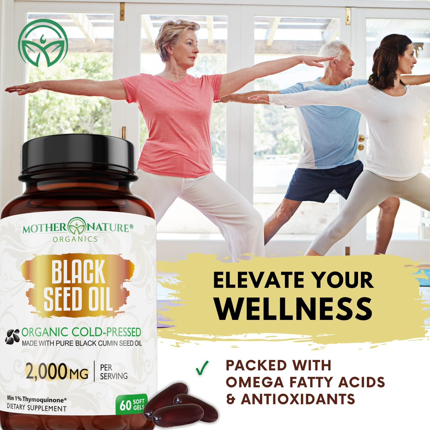 Organic Black Seed Oil 2000mg - 60 Softgel Capsules (Non-GMO) Premium Cold-Pressed Mother Nature Organics Superfoods for Organic Living