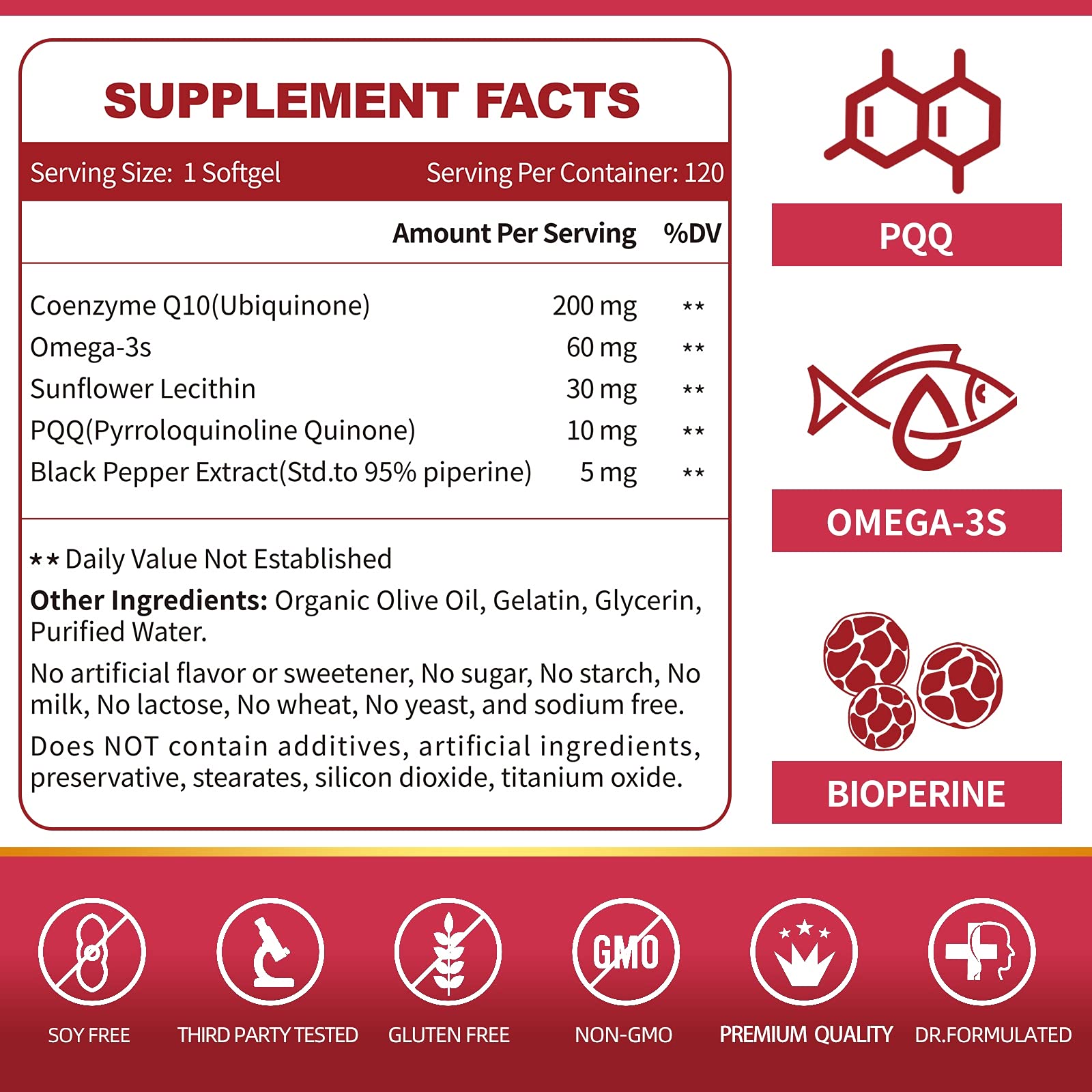 CoQ10-200mg-Softgels with PQQ, BioPerine & Omega-3, 120 Servings Coenzyme Q10 ZEBORA