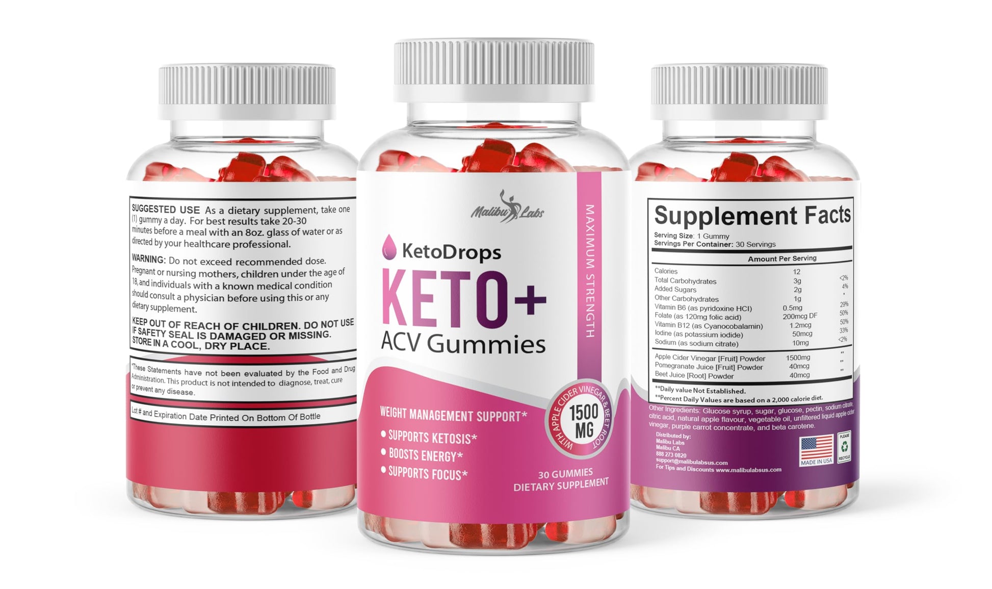 Keto Drops ACV Gummies Weight Loss - 1500mg Once a Day, Strong Time Released Malibu Labs