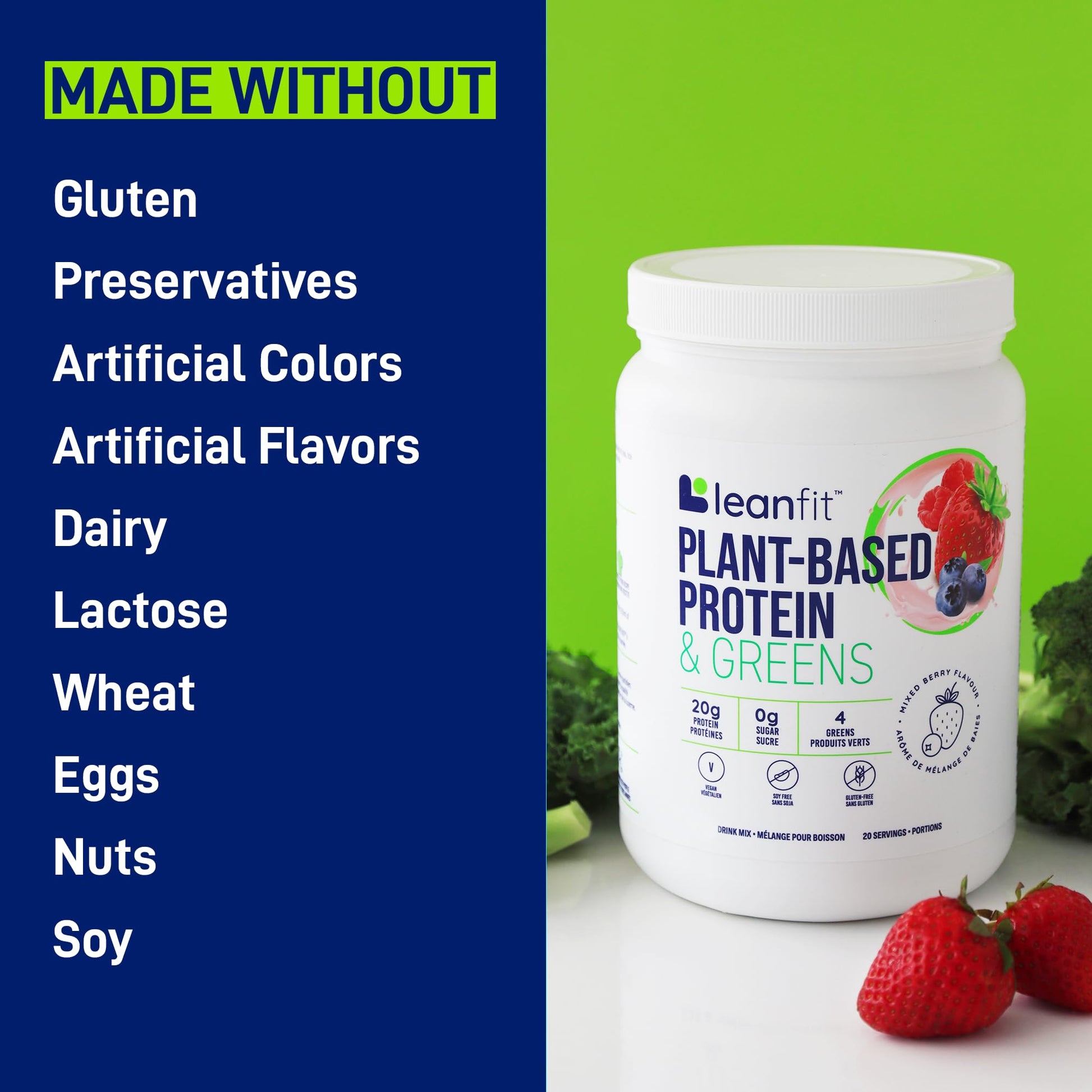 LeanFit Plant-Based Protein & Greens, Natural Berry, 20g Protein, 19 Servings, 1.25 Pound LeanFit