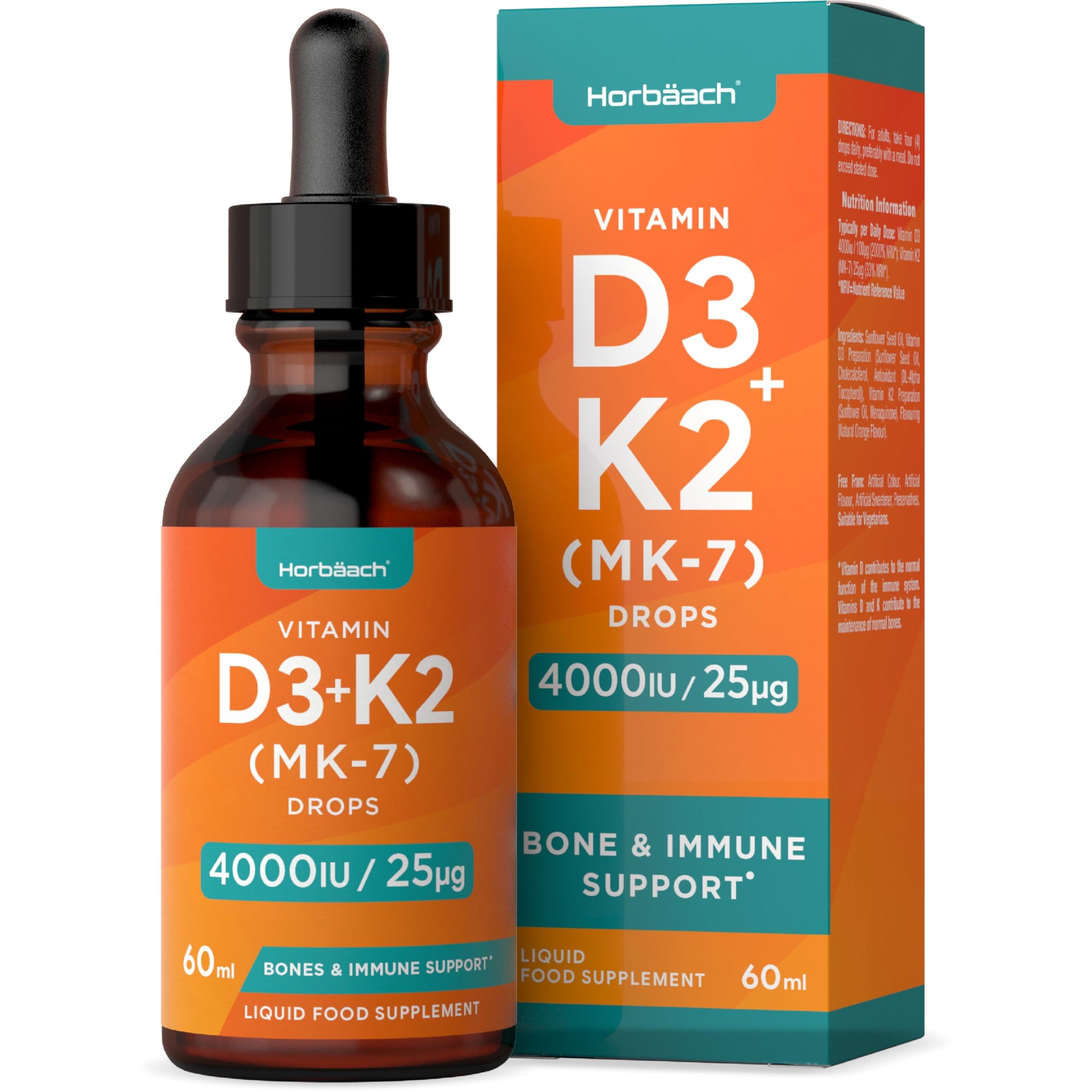 Vitamin D3 K2 Drops | 60mL | High Strength Vitamin D3 4000iu and K2 25ug | No Artificial 