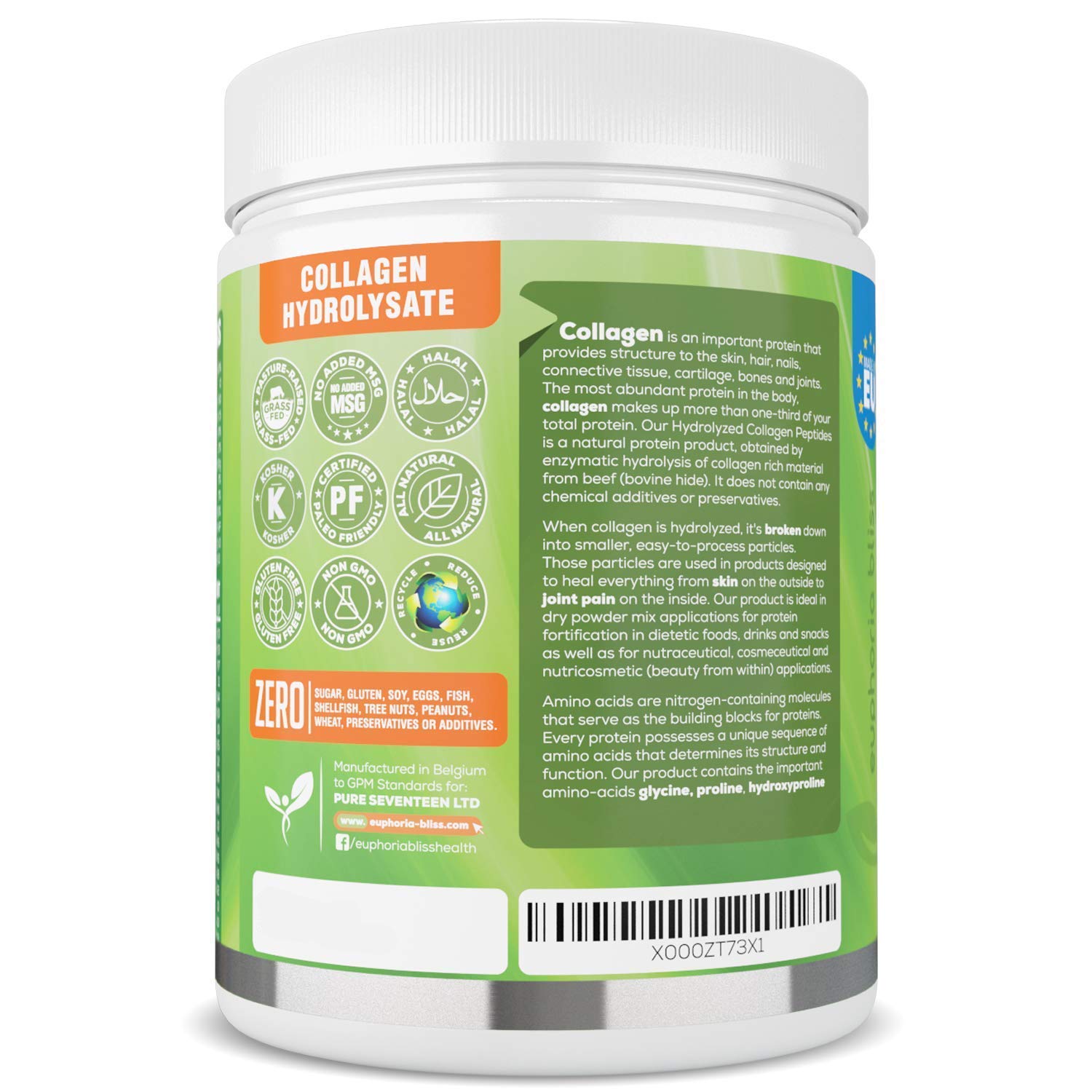 Premium Collagen Powder 500g Unflavoured High Grade Hydrolysed Collagen Joints, Bones, Gut, Wrinkles, Hair, Skin, Nails, Pain, Injury, Sleep, Fitness, Keto Euphoria Bliss