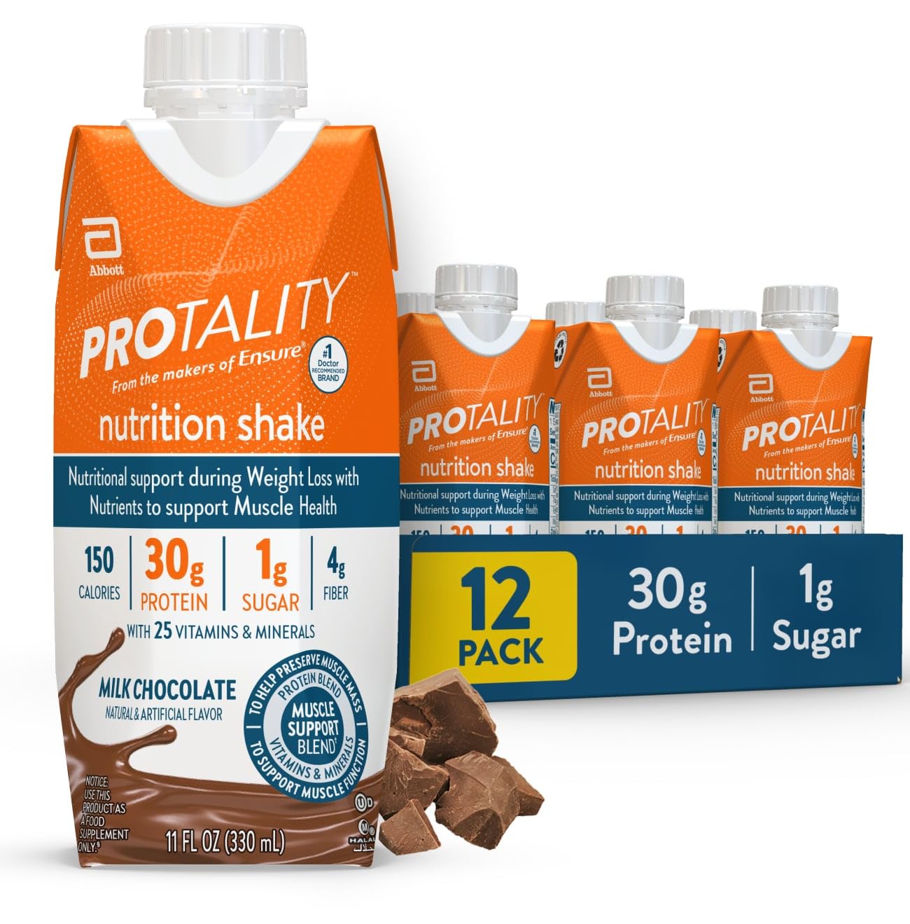 PROTALITY Milk Chocolate Nutrition Shake | 30g Protein, 1g Sugar | Nutrition Support During 