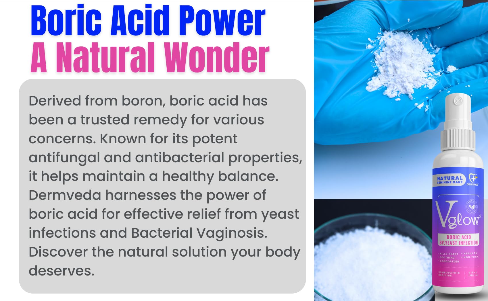 Dermveda Boric Acid BV Relief for Women - Natural Yeast Infection, Odor, Itch Relief Solution Dermveda