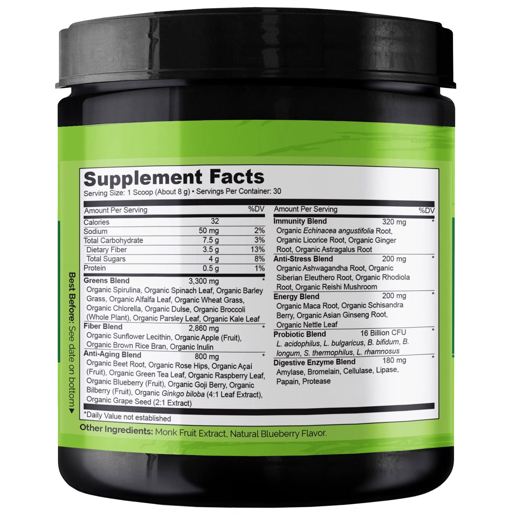 NATURELO Raw Greens Superfood Powder - Wild Berry Flavor - Boost Ener