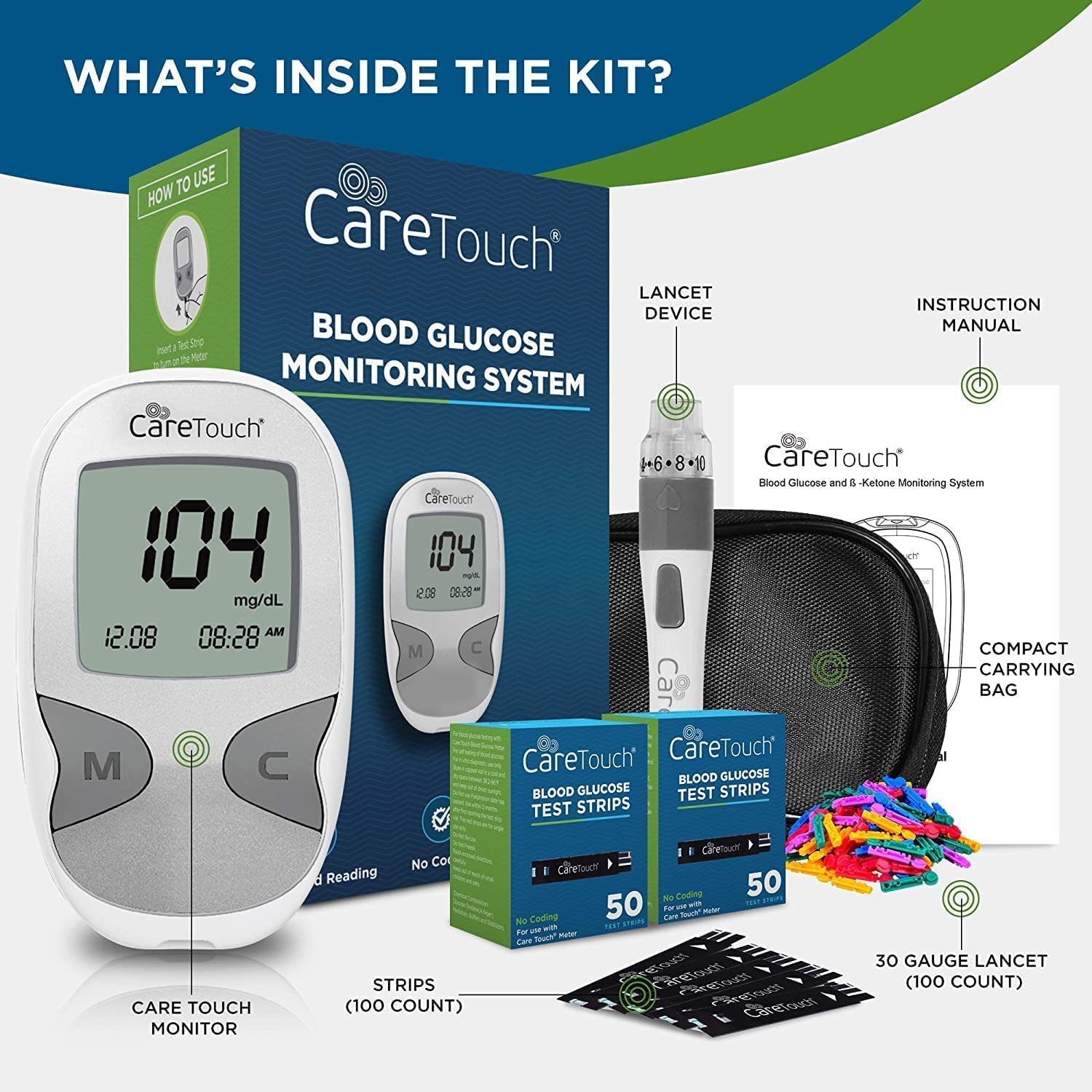 Care Touch Blood Glucose Meter Kit - Diabetes Testing Kit with Glucometer Care Touch