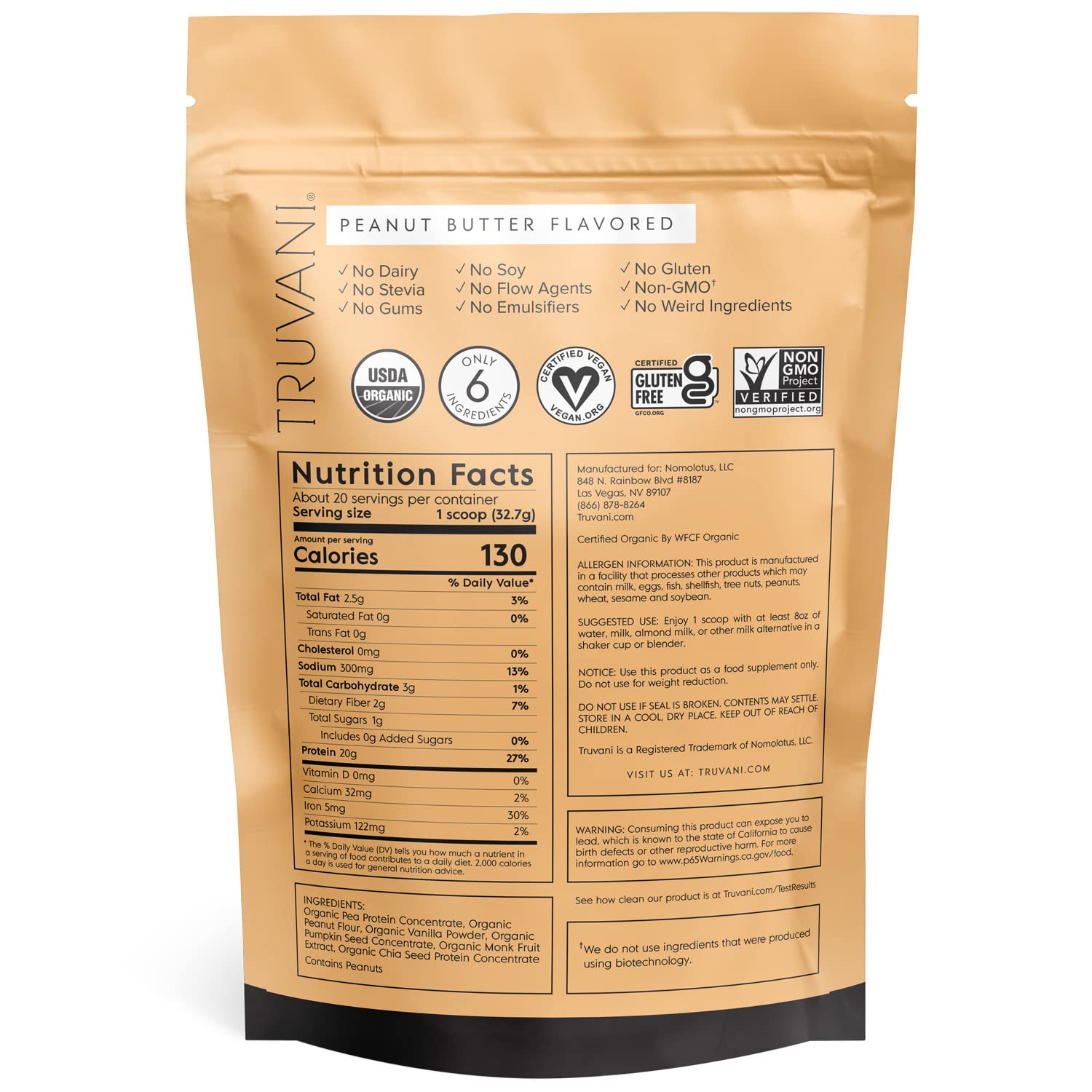 Truvani Organic Vegan Protein Powder Peanut Butter - 20g of Plant Based Protein, Powder Truvani