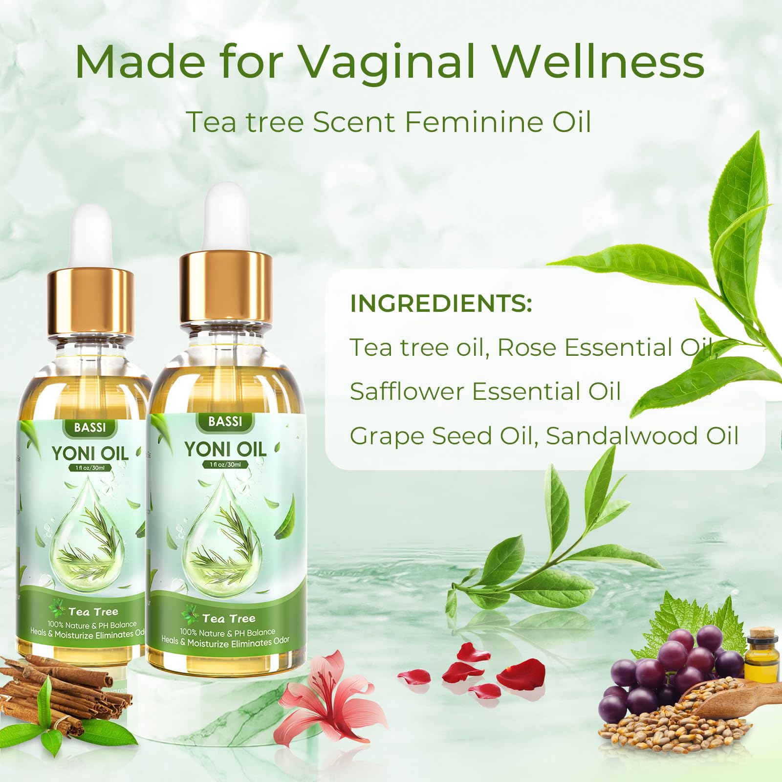 BASSI 2PCS Yoni Oil Organic Feminine Oil Vaginal Moisturizer For Wetness - Ph Balance for Women BASSI