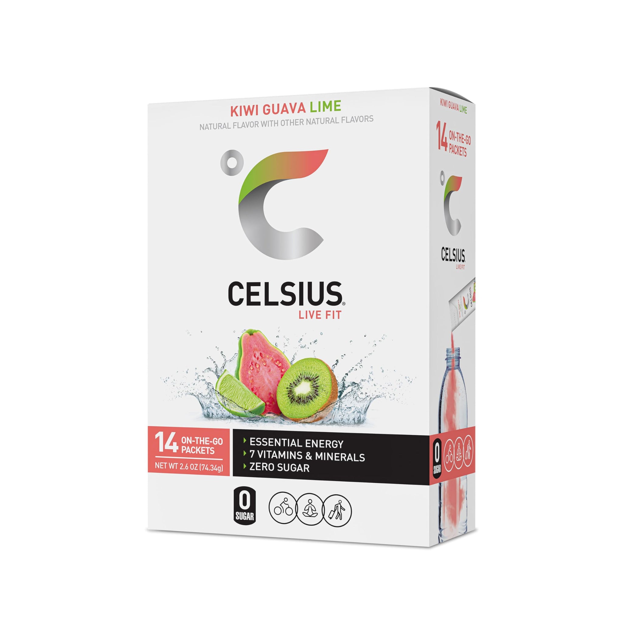 CELSIUS Kiwi Guava Lime On-the-Go Powder Stick Packs, Zero Sugar , 14 Count (Pack of 1)