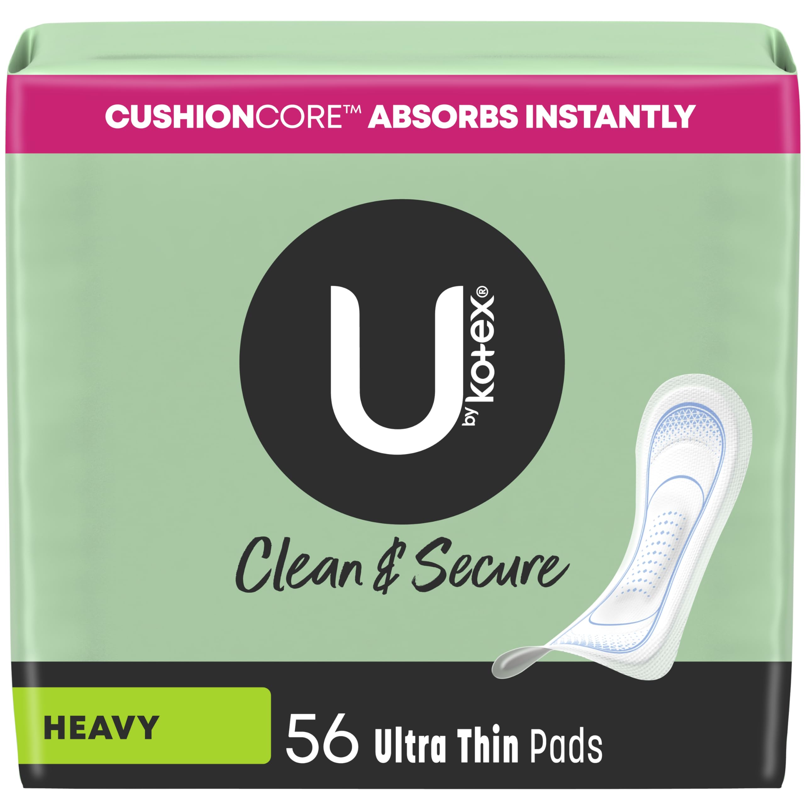 U by Kotex Clean & Secure Ultra Thin Pads, Heavy Absorbency, 56 Count (Packaging May Vary)