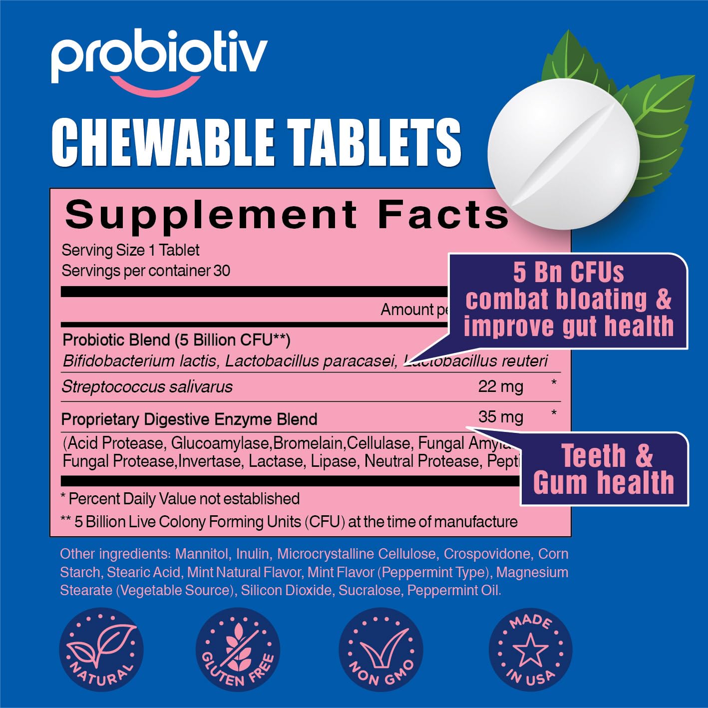 Probiotiv Chewable Probiotics for Daily Bloating w/ 5 Billion CFU – “Two-in-One Combo” Probiotiv